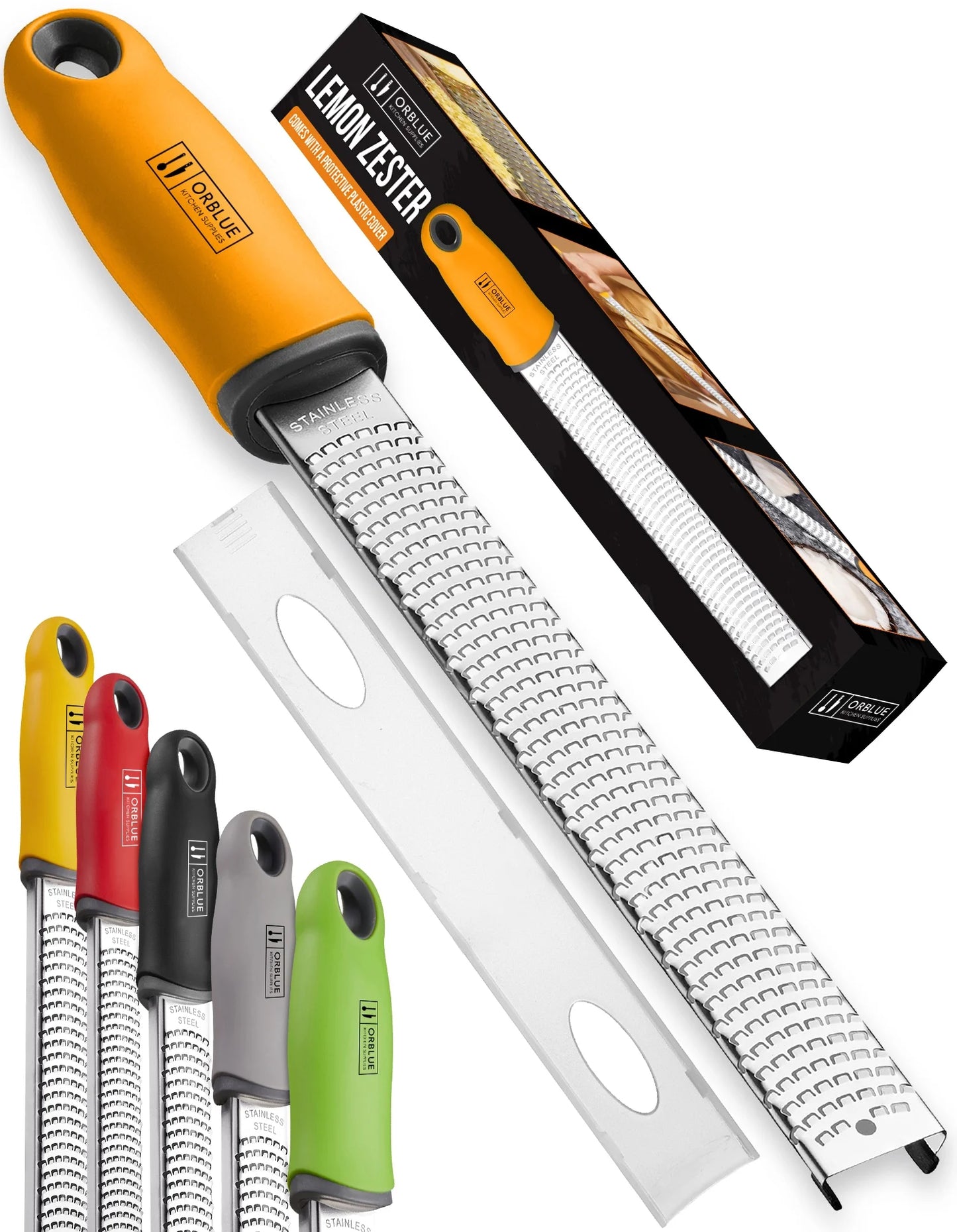 Lemon Zester & Cheese Grater - Premium Citrus Zester, Kitchen Grater for Parmesan, Chocolate, Fruits, Vegetables, Ginger, Garlic, Nutmeg - Stainless Steel Blades with Protective Cover, Orange