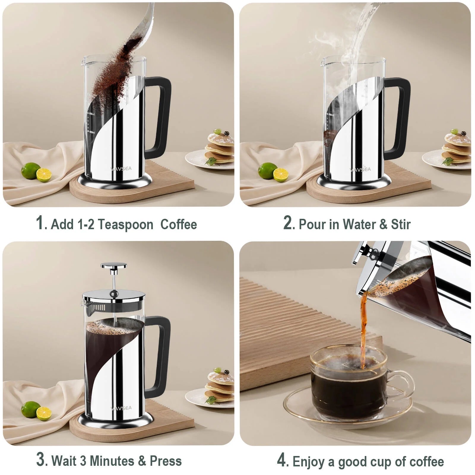 Double Wall French Press Coffee Maker, 35Oz Coffee Press with Thicken Borosilicate Glass & 304 Stainless Steel for Travel & Home Use, Dishwasher Safe, Silver