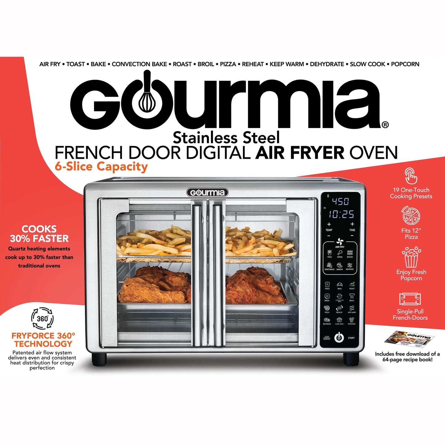 French Door 6-Slice Digital Toaster Oven Air Fryer, 19 One-Touch Presets, 24L, Stainless Steel