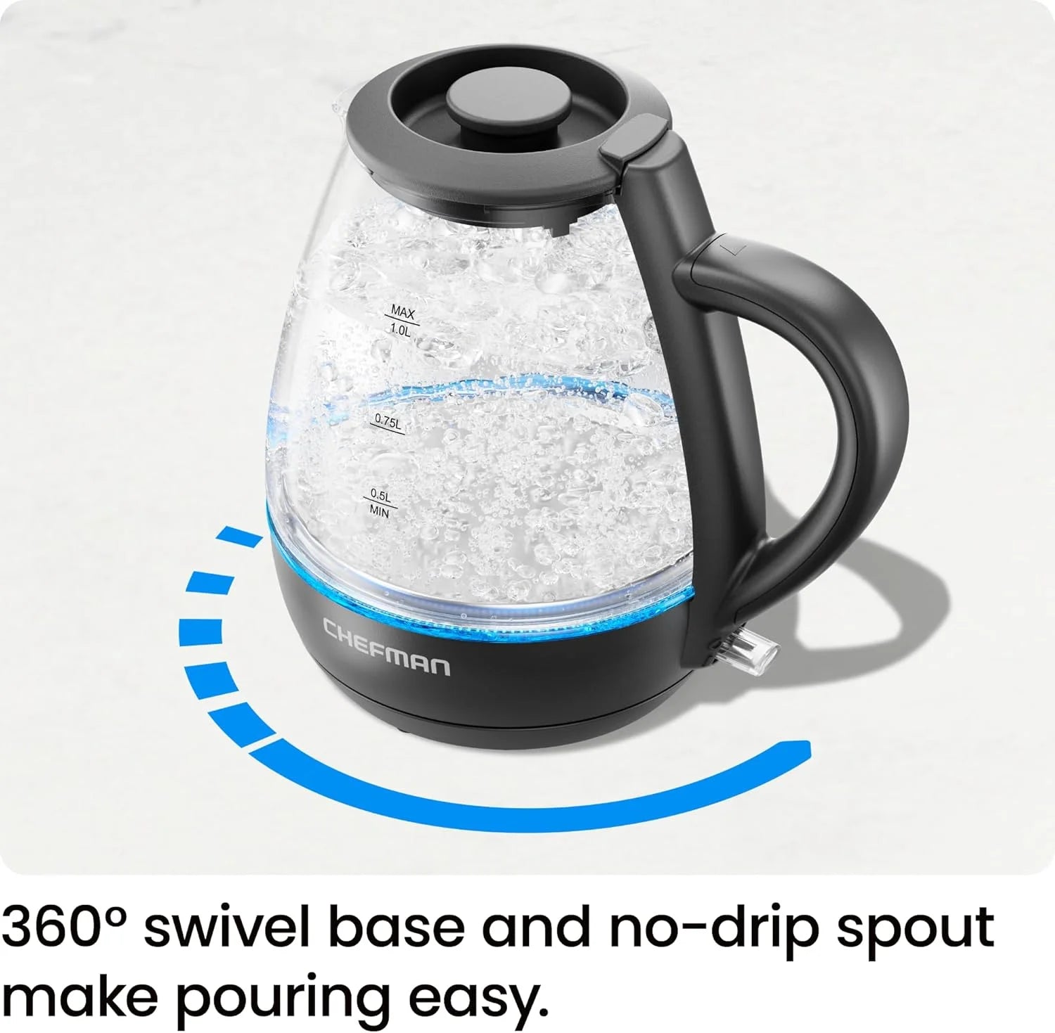 1L Electric Glass Kettle W/ LED Indicator Light, Automatic Shutoff - Black