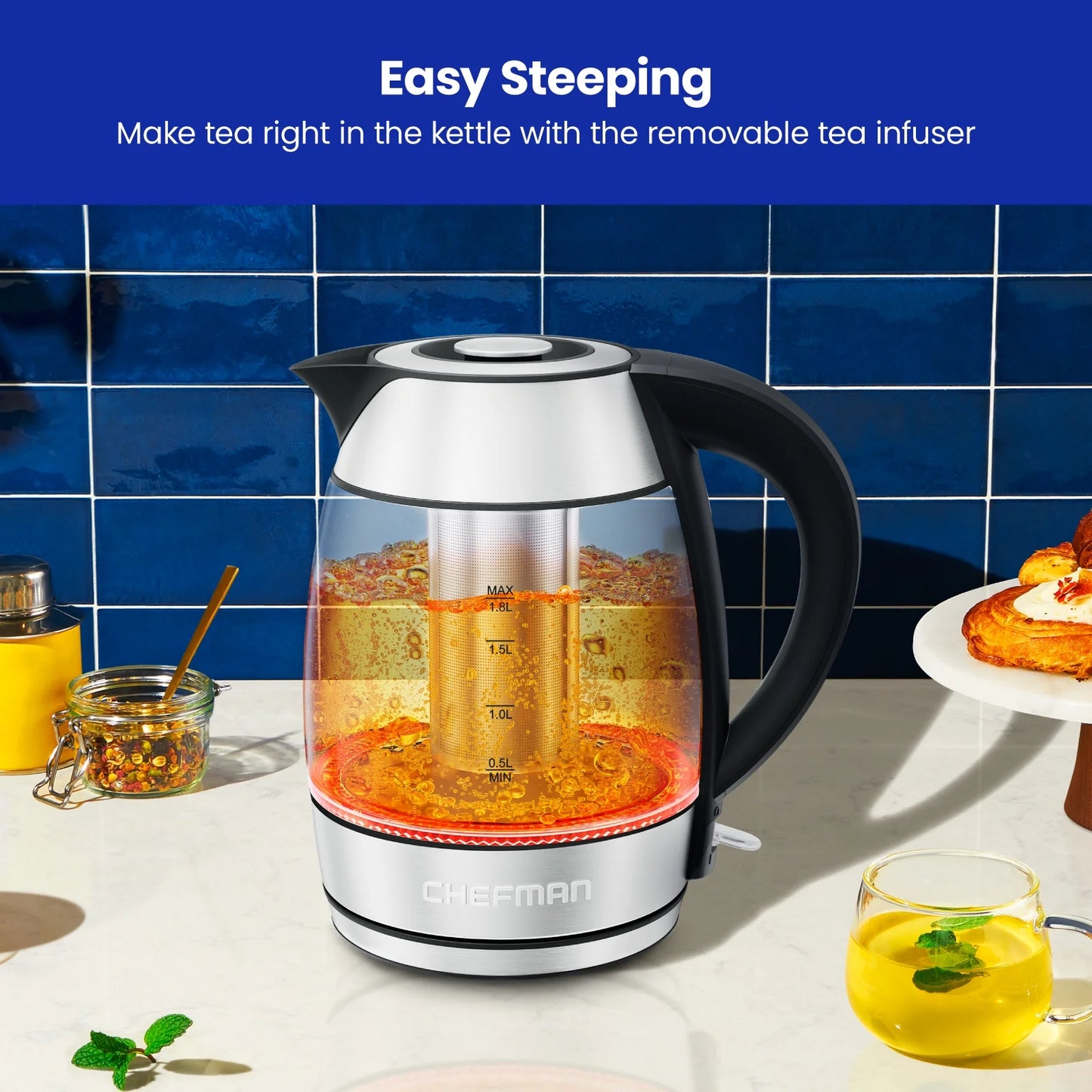 Rapid-Boil 1.8L Electric Tea Kettle W/ Keep Warm and Tea Infuser - Stainless Steel
