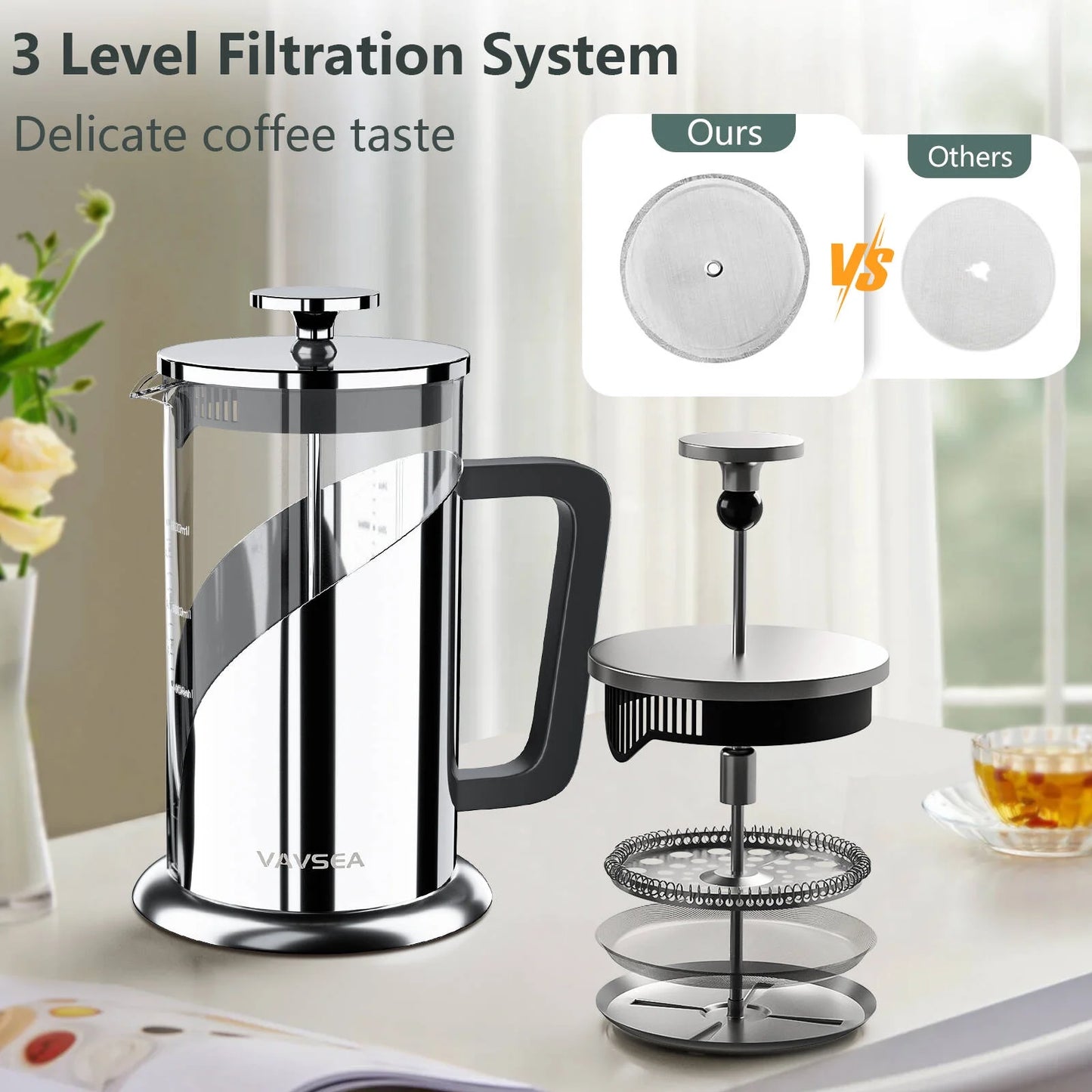 Double Wall French Press Coffee Maker, 35Oz Coffee Press with Thicken Borosilicate Glass & 304 Stainless Steel for Travel & Home Use, Dishwasher Safe, Silver