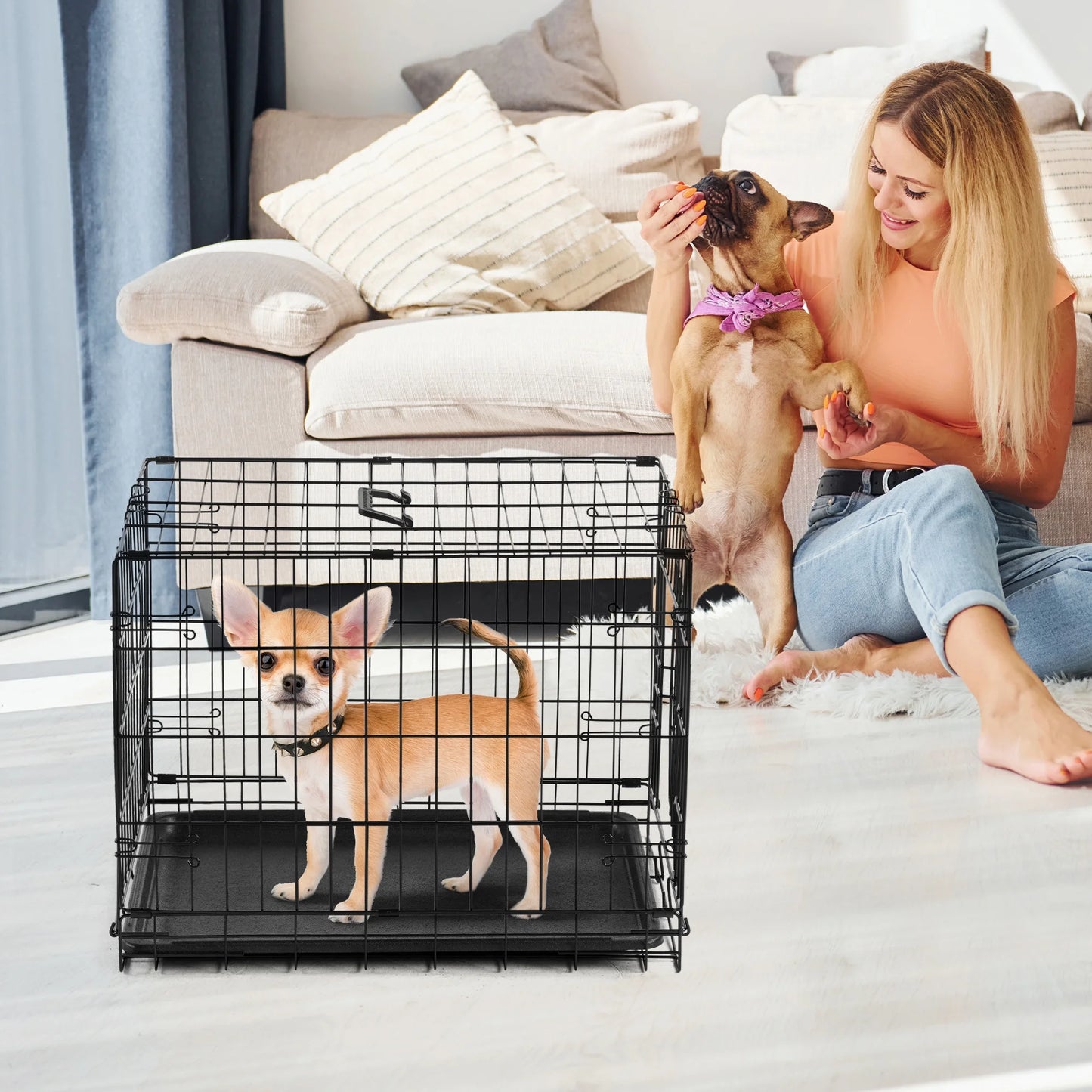 24-Inch Single-Door Folding Dog Crate with Leak-Proof Pan Tray, Portable Small Cage