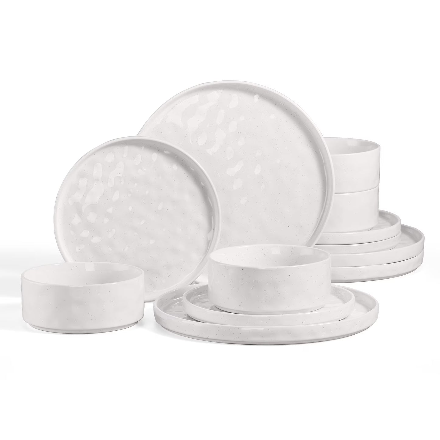 12-Piece Stoneware Dinnerware Set for Four, Elegant Speckled White Ceramic Plates and Bowls for Home and Restaurant Use
