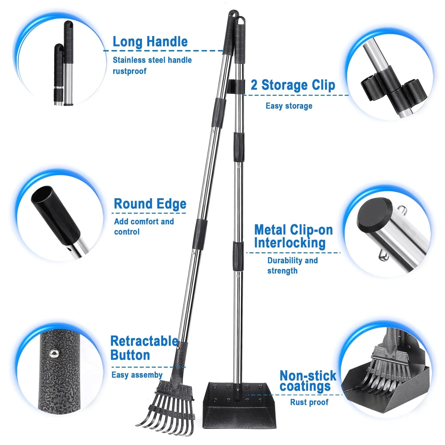 38-Inch Long Handle Poop Scooper -  2-Piece Metal Waste Collection Set with Rake and Tray for Effortless Yard Cleanup