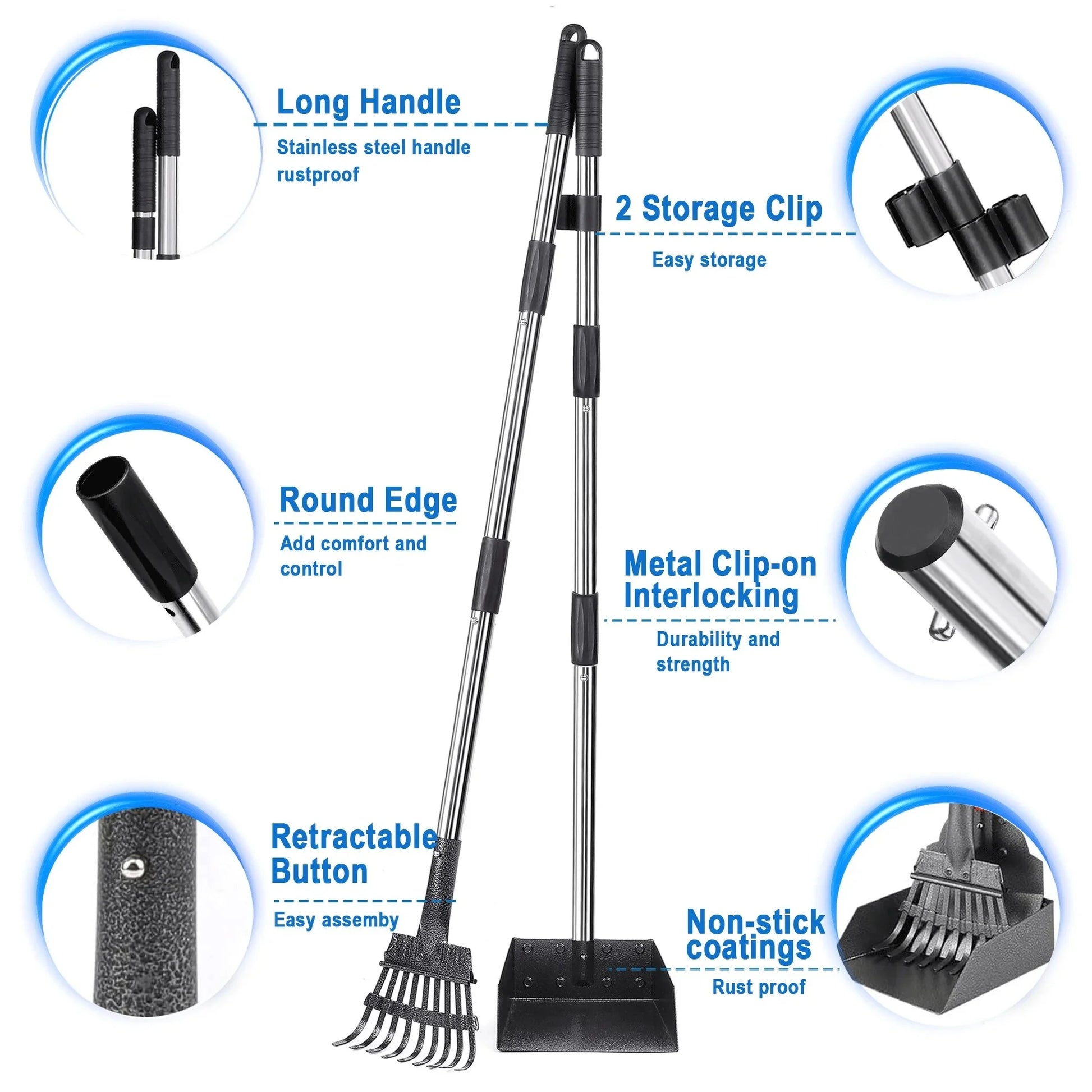 38-Inch Long Handle Poop Scooper -  2-Piece Metal Waste Collection Set with Rake and Tray for Effortless Yard Cleanup