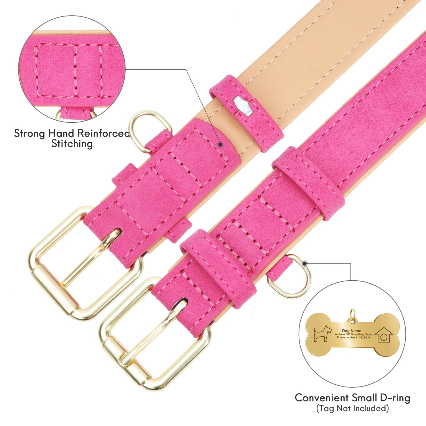 Heavy-Duty Soft Padded Leather Dog Collar for Medium Dogs (Hot Pink, Size M)