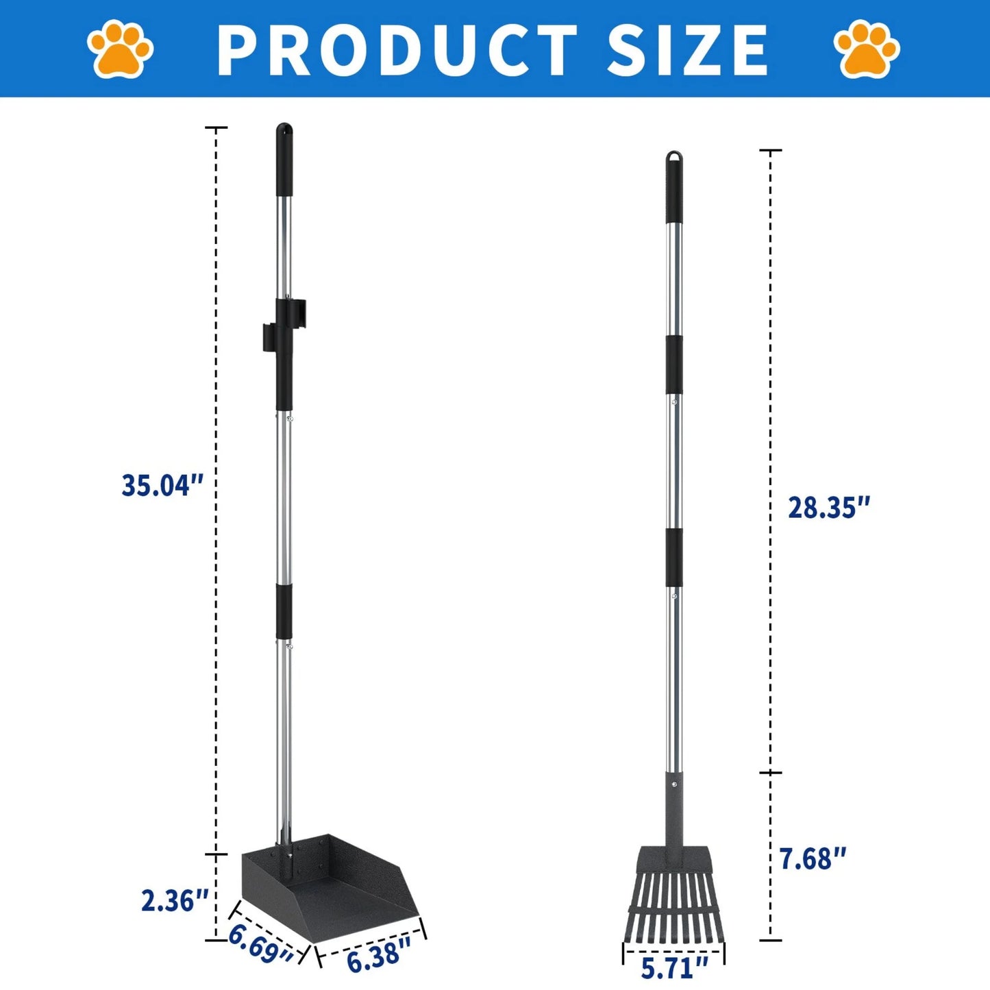 38-Inch Long Handle Poop Scooper -  2-Piece Metal Waste Collection Set with Rake and Tray for Effortless Yard Cleanup