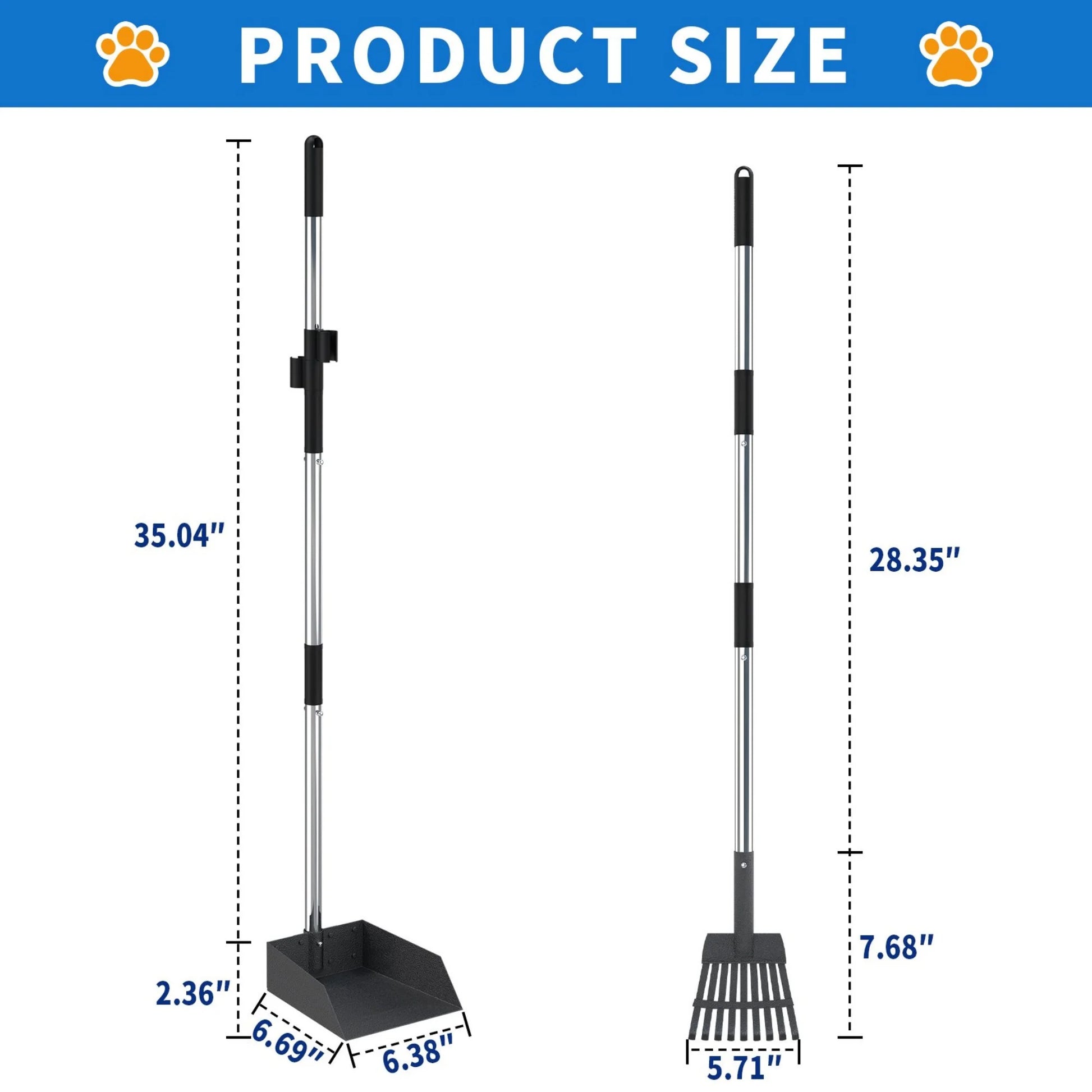 38-Inch Long Handle Poop Scooper -  2-Piece Metal Waste Collection Set with Rake and Tray for Effortless Yard Cleanup