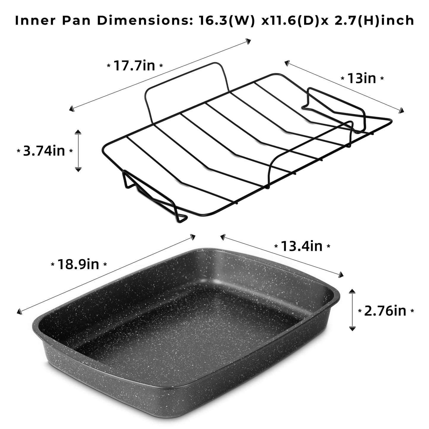 Rectangle 18.9" Non-Stick Carbon Steel Grey with Speckle Roaster Pan & Wire Rack Gauge on 0.5 Mm Thickness