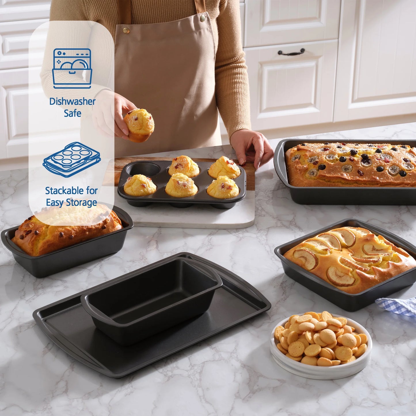 6 Piece Non-Stick Carbon Steel Bakeware Set with Cake, Muffin, Cookie and Loaf Pans, Gray