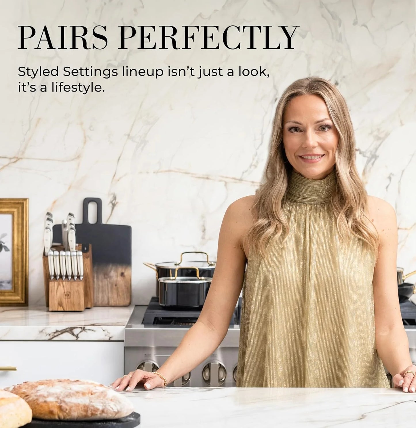 White Stainless Steel Knife Set with Walnut Block with Sharpener