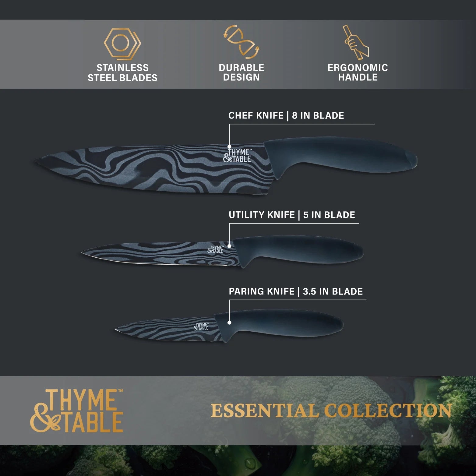 3-Piece Stainless Steel Blue Swirl Knife Set with Protective Sheaths