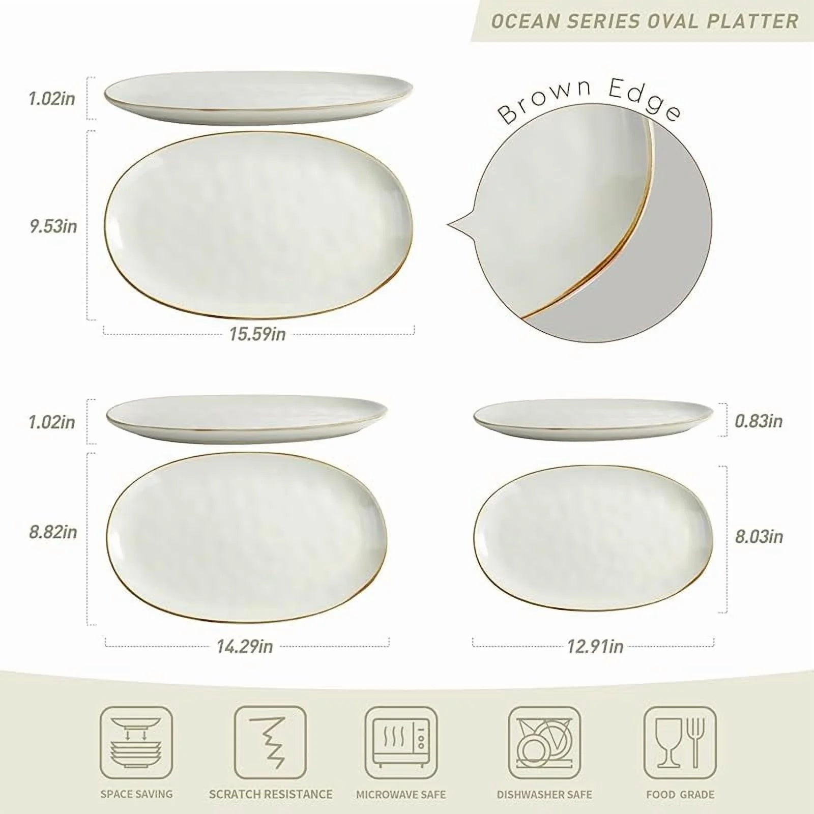Famiware Serving Platter, Oval 15.59/14.3/12.9Inch Serving Dishes for Entertaining, Serving Bowls, Microwave Safe, Stoneware Serving Trays for Party, Food, Turkey, Cheese, Ocean Series, Vanilla White