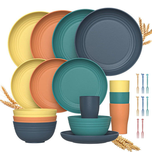 Wheat Straw Dinnerware Sets, 24 Piece Unbreakable Dinnerware Sets, Service for 4 Dishes Sets, Reusable Plates and Bowls Sets, Travel Camping Cutlery Set, Dishwasher Microwave Safe, Multicolor