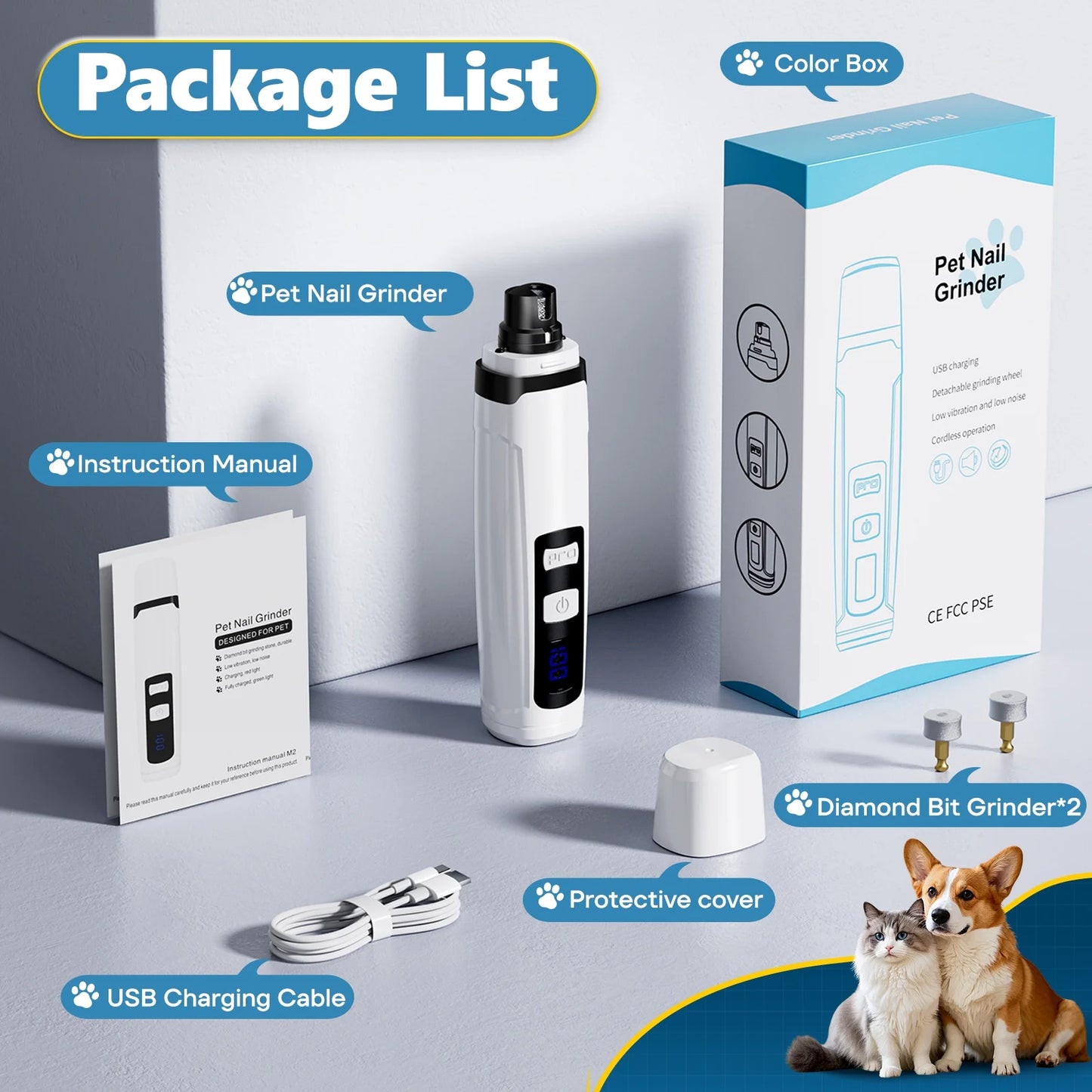 Electric Dog Nail Grinder with Dual LED Lights - Ultra Quiet and Low Vibration Trimmers for Dogs and Cats of All Sizes