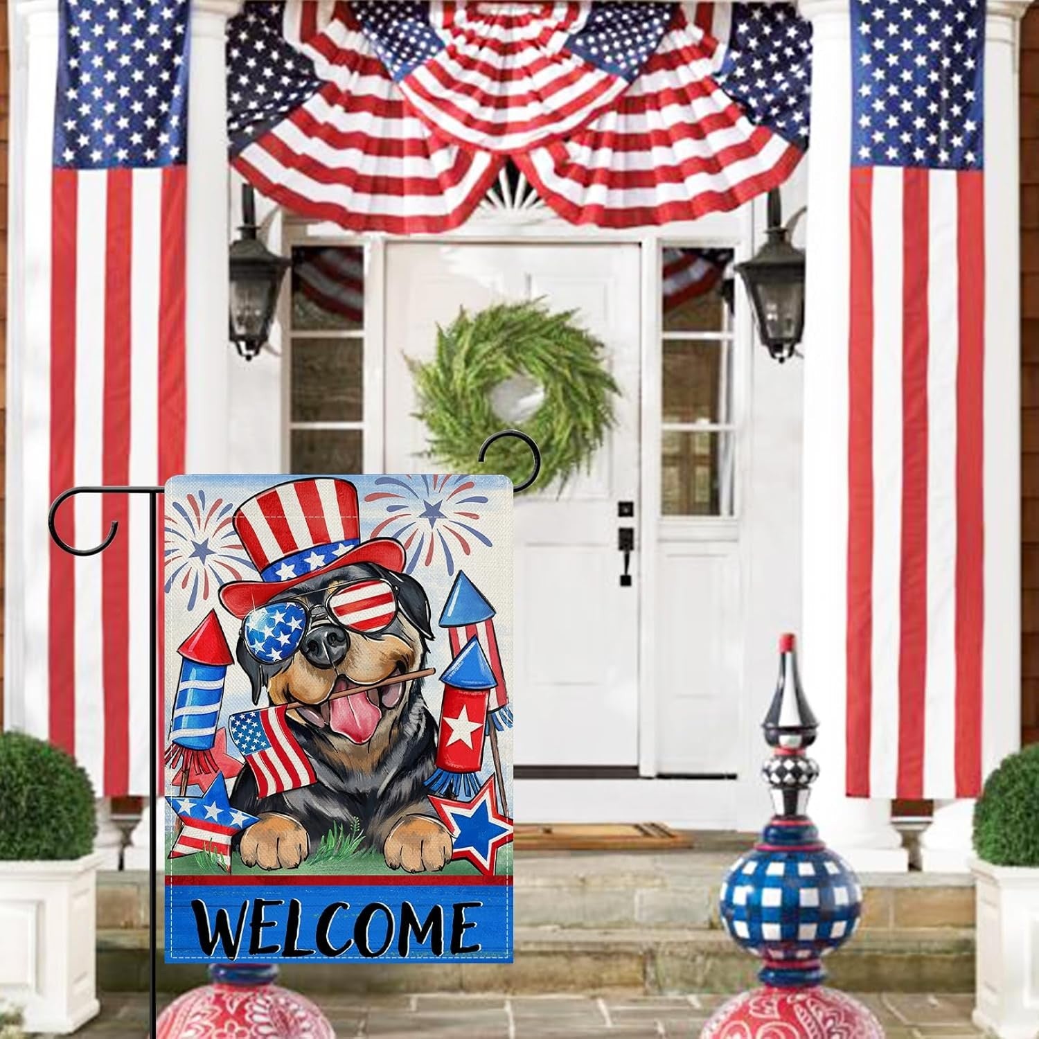 Welcome 4Th of July Rottweiler Dog Patriotic Decorative Garden Flag, America Pet