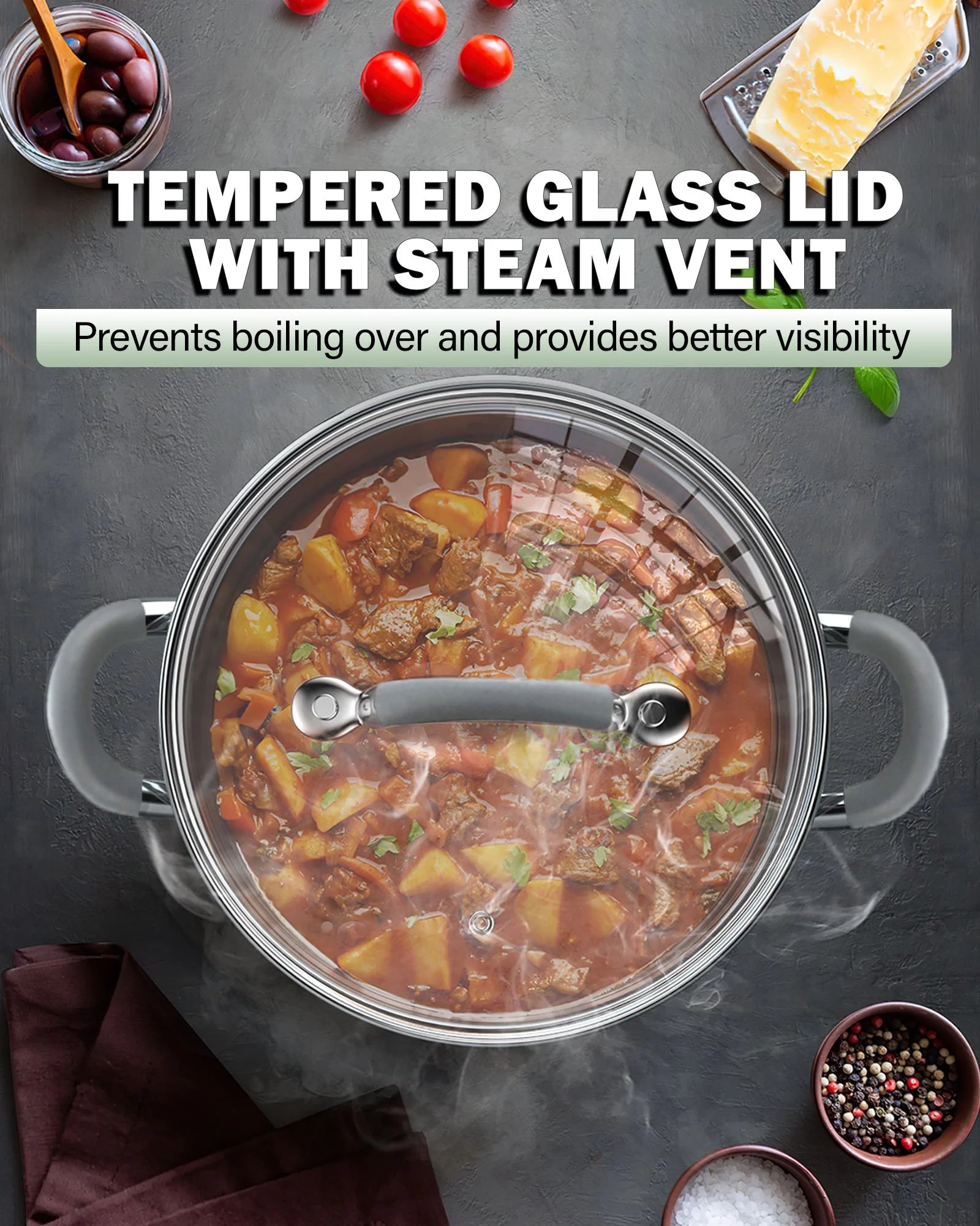 Kitchen Cookware Sets, 12-Piece Basic Stainless Steel Pots and Pans with Grey Silicone Handles, Silver