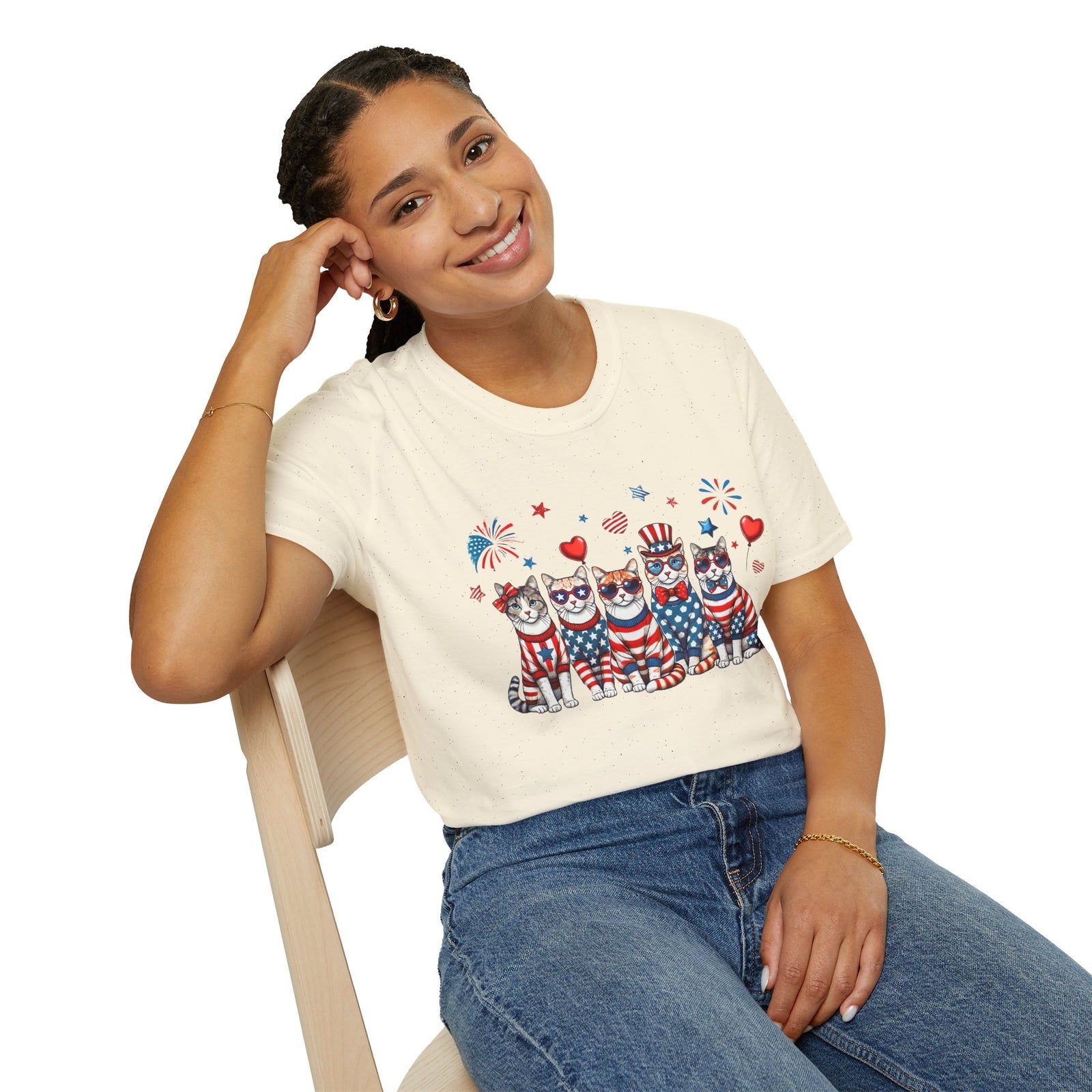 Patriotic Cat Unisex Softstyle T-Shirt for Fourth of July Celebrations
