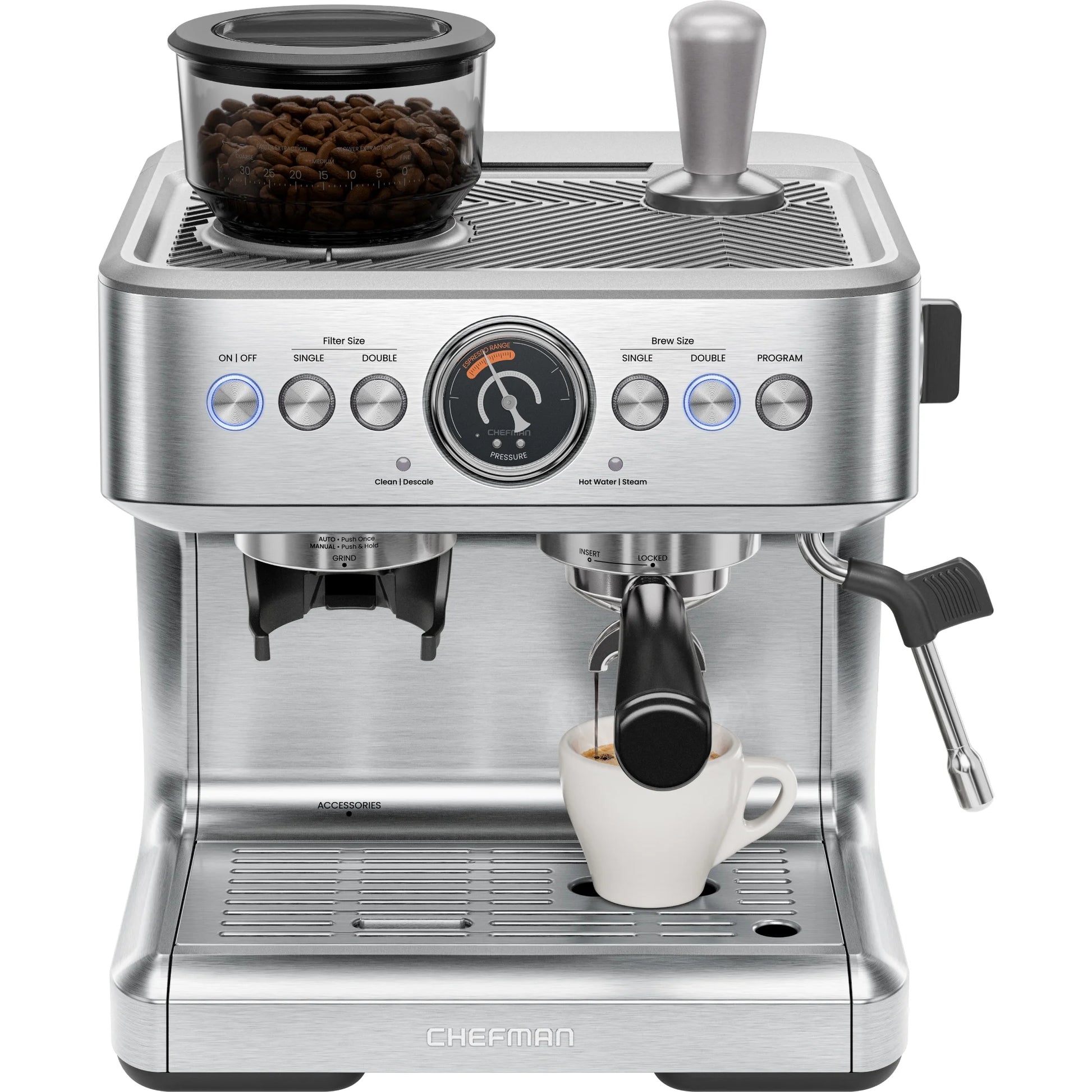 Crema Supreme Espresso Machine with Conical Burr Grinder and Steam Wand – Stainless Steel, New