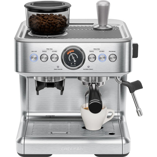 Crema Supreme Espresso Machine with Conical Burr Grinder and Steam Wand – Stainless Steel, New