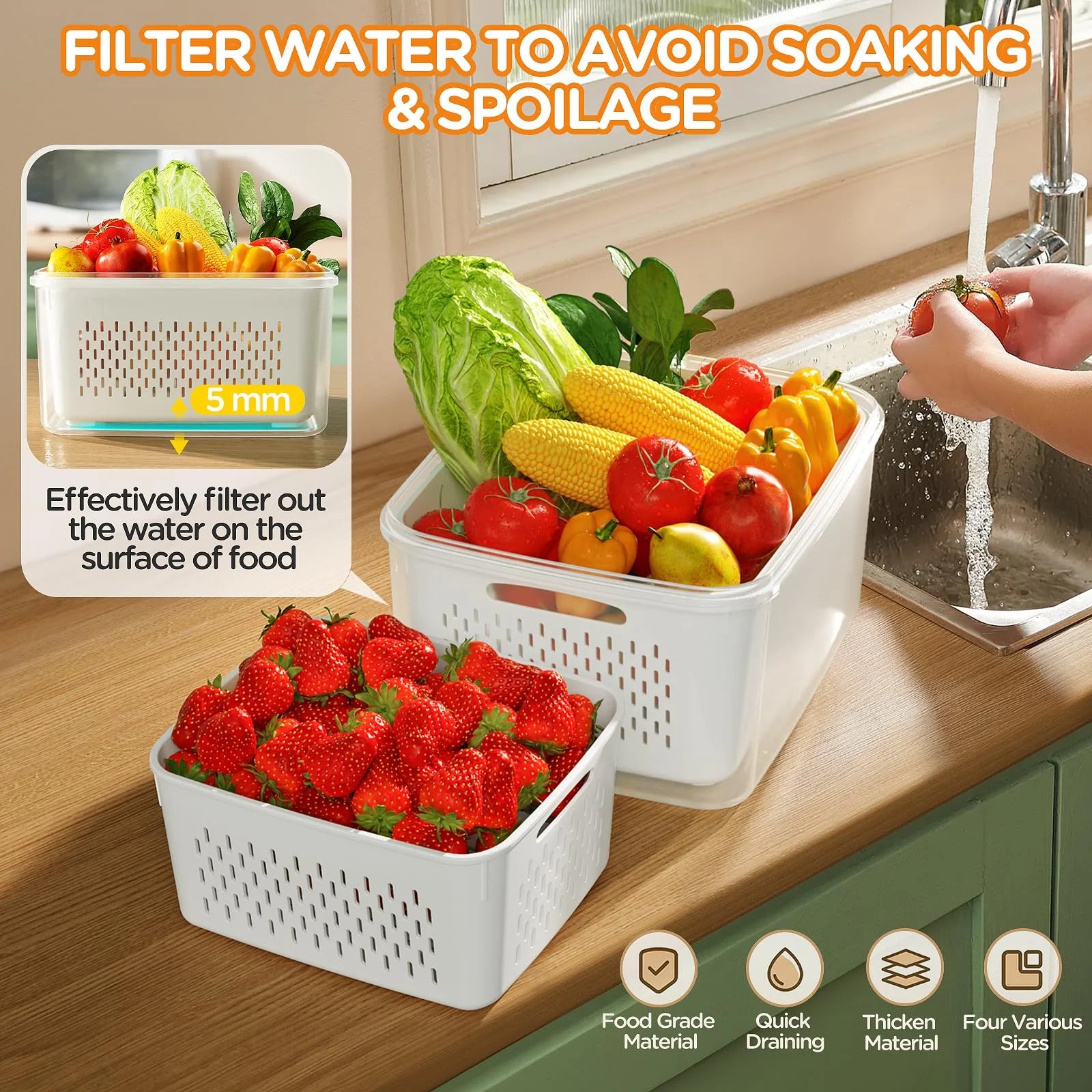 5 Pack Fruit Storage Containers for Fridge with Removable Colanders and Lids - Thumbnail 5