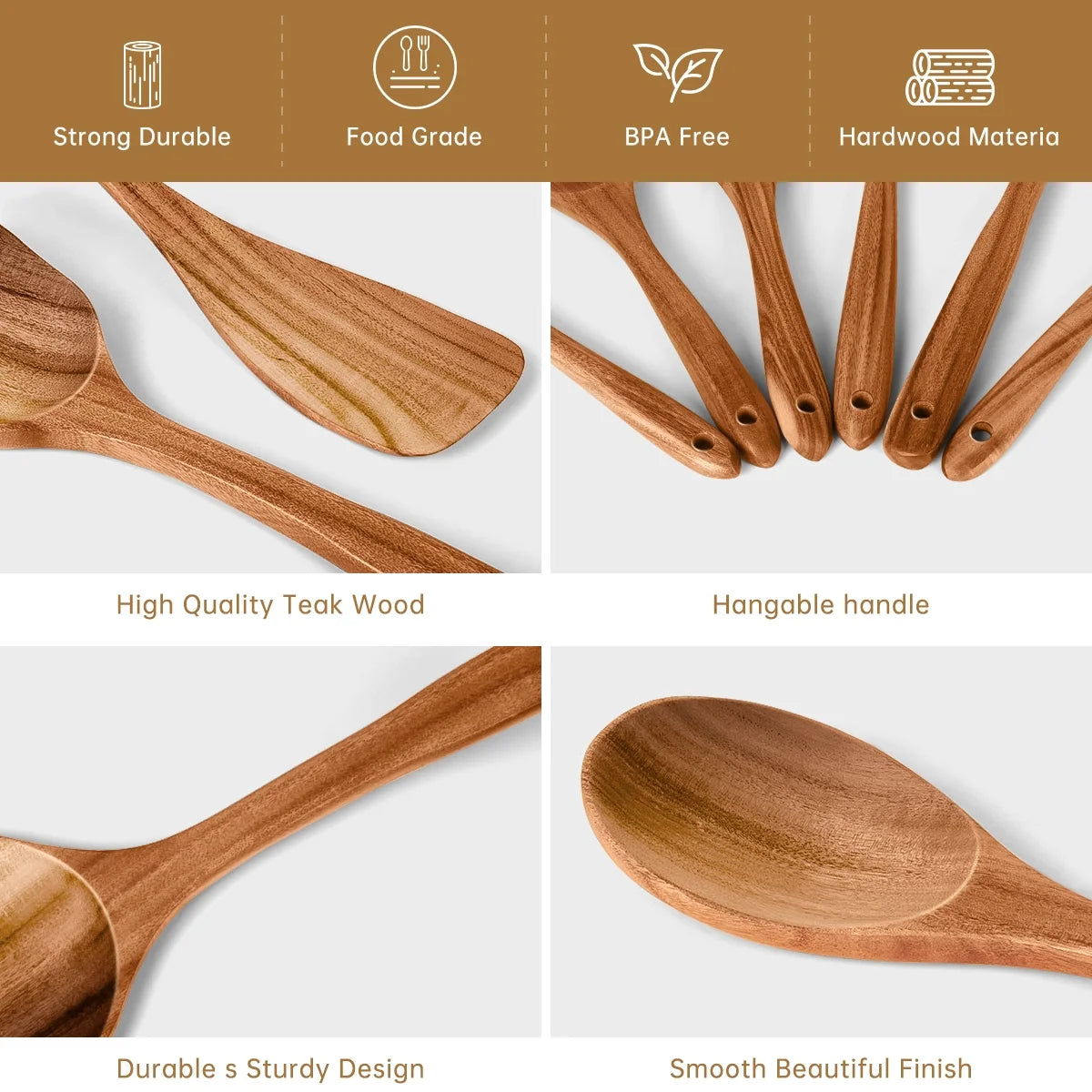 Teak Wood Cooking Utensil Set - 6 Piece Lightweight, Sturdy, and Heat Resistant Wooden Spoons and Spatula for Nonstick Pans and Cookware