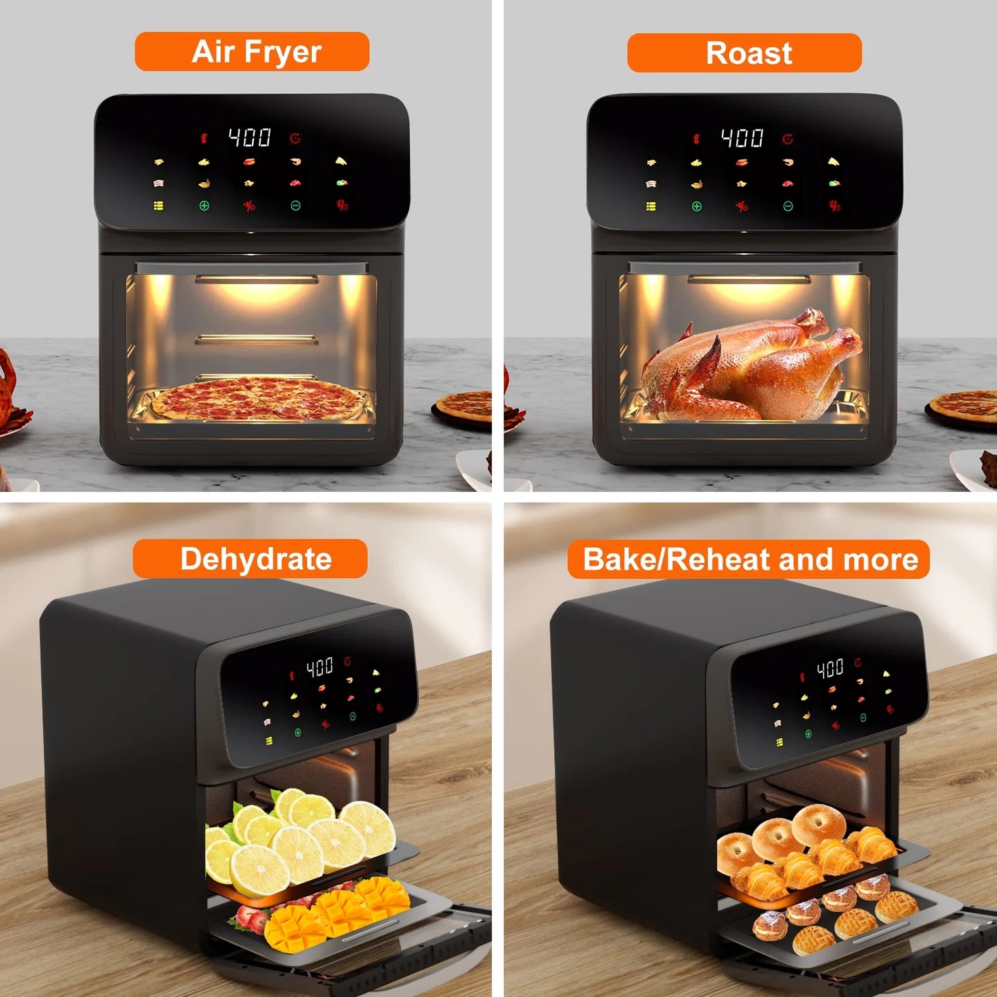 12QT Convection Oven Air Fryer with 10-in-1 Functionality, Touchscreen, and Visible Window in Black