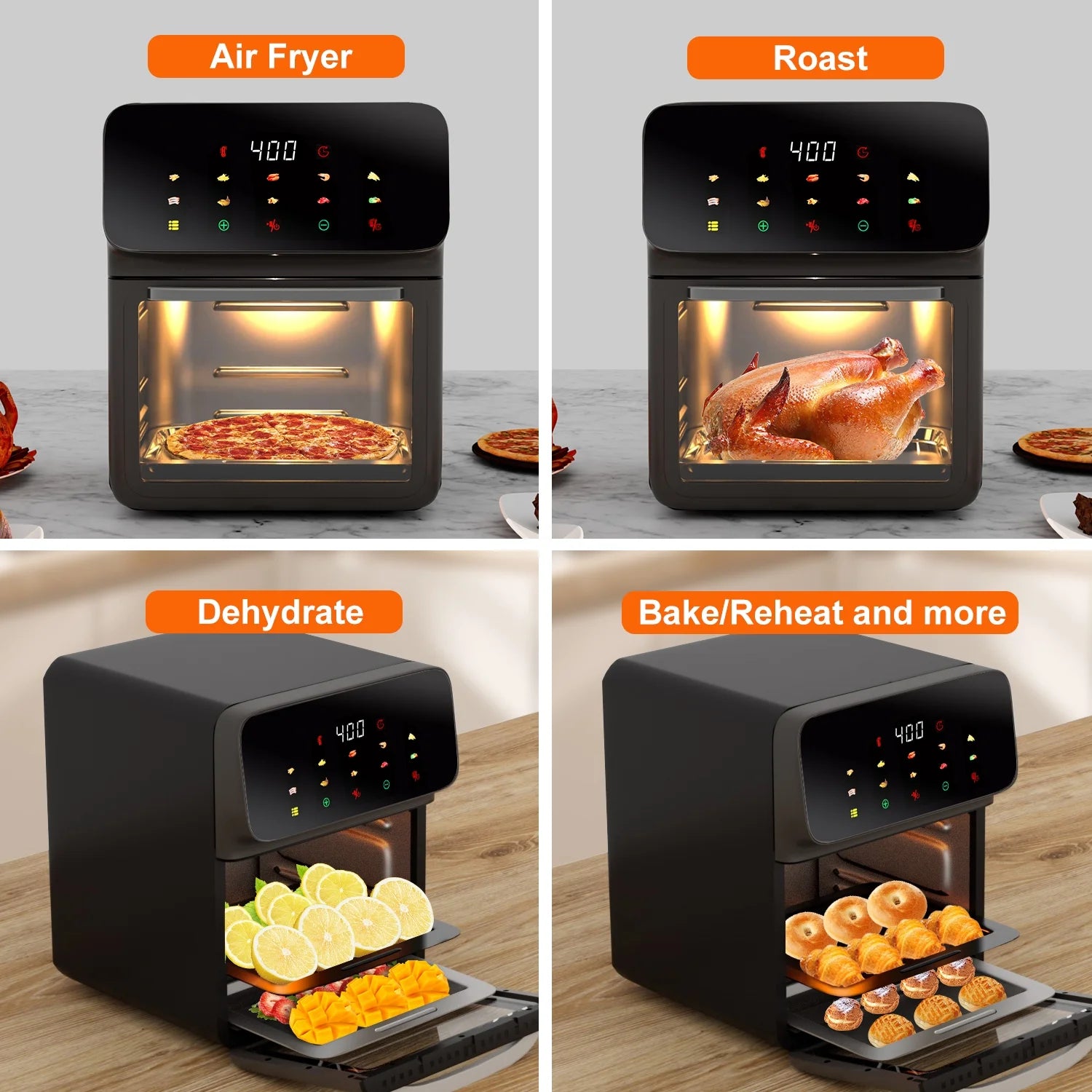12QT Convection Oven Air Fryer with 10-in-1 Functionality, Touchscreen, and Visible Window in Black