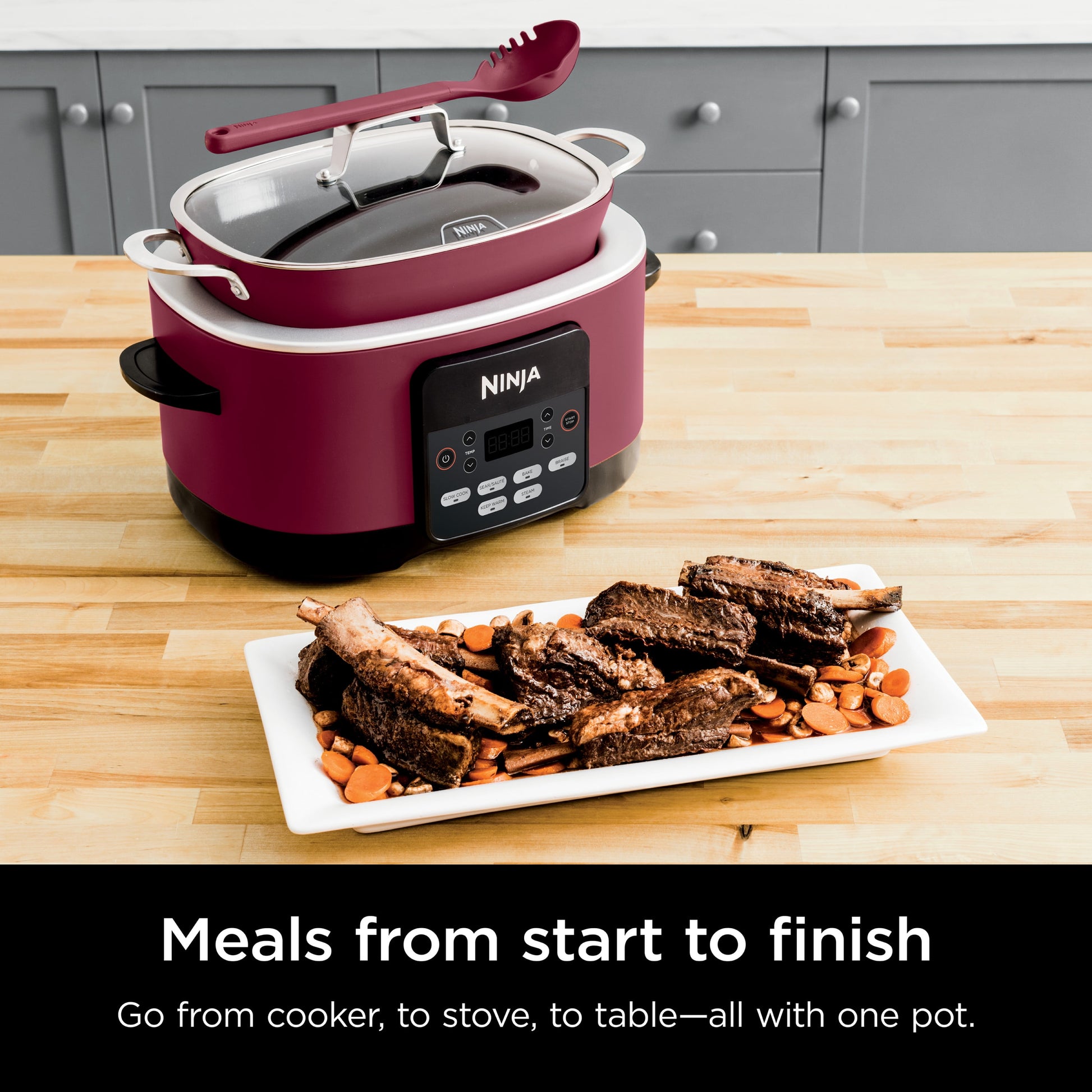 Foodi Possible Cooker, 8.5 Quart, 6-In-1 Multi-Cooker, Slow Cooker, Steamer, Glass Lid Integrated Cooking Utensil, Nonstick, Oven Safe Pot to 500°F, Cherry Tarte, MC1000WM