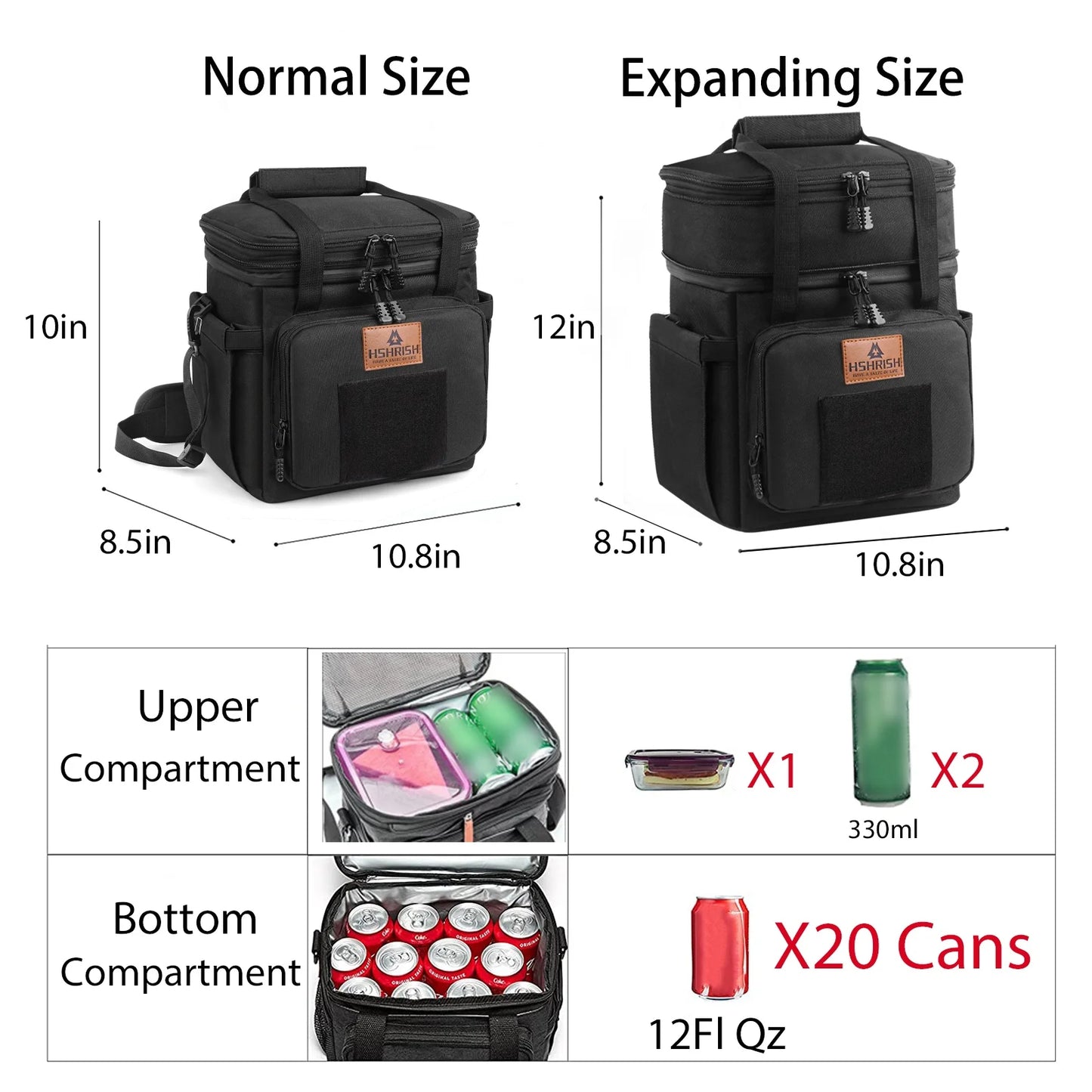 Tactical Lunch Bags, Large Expandable Insulated Lunch Box, Durable Waterproof Leakproof Cooler Bag for Adults/Men/Women/Work Outdoor Beach Trips, 20 Cans/15 L, Black