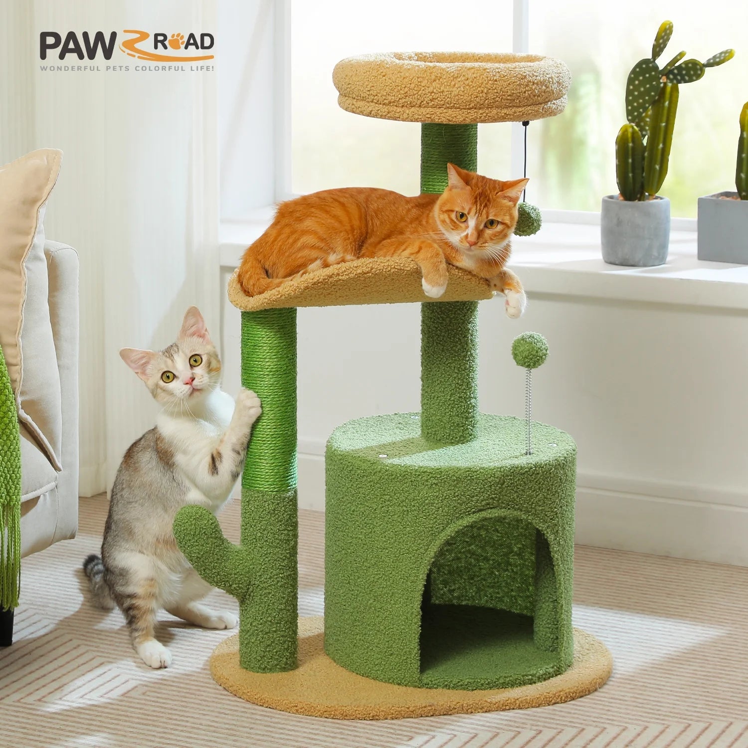 32-Inch Cactus Cat Tree Tower with Scratching Posts and Cozy Condo Perch for Indoor Cats, Green