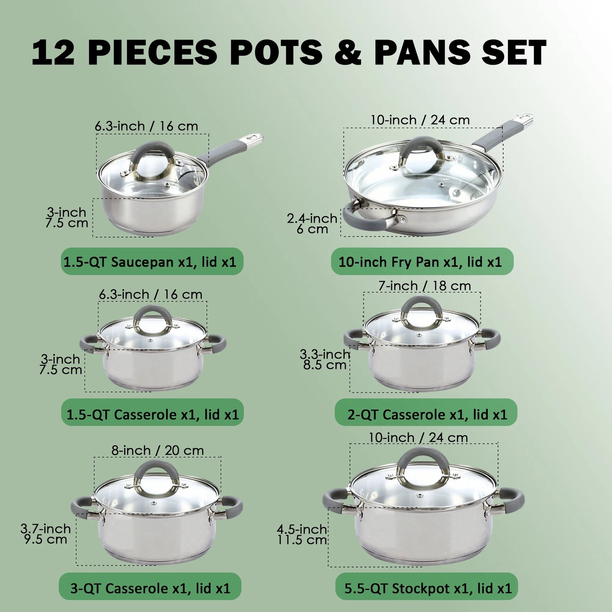 Kitchen Cookware Sets, 12-Piece Basic Stainless Steel Pots and Pans with Grey Silicone Handles, Silver