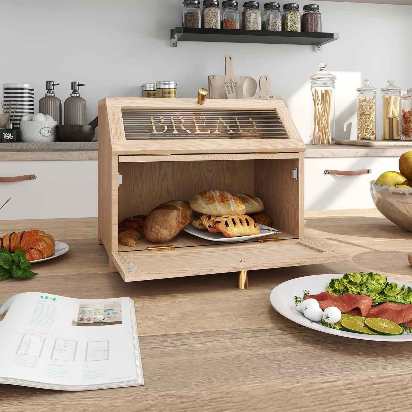 Large Bread Box, Wood 2-Layer Bread Box Storage for Kitchen Counter, with Bar Pattern Windows, Brown