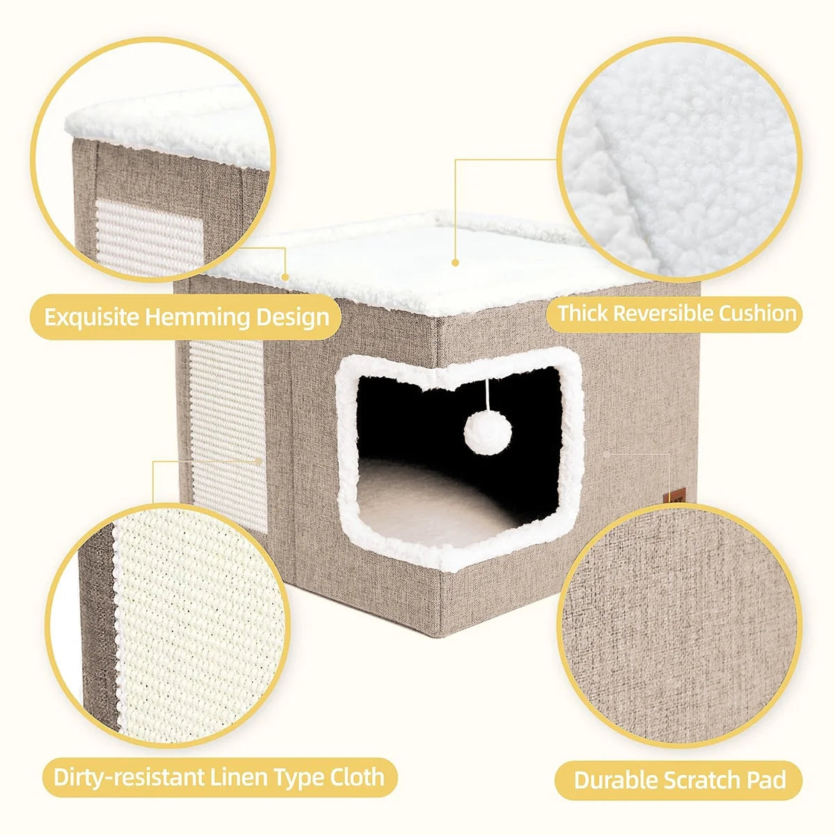 Indoor Pet Bed for Cats - Foldable Covered Kennel with Integrated Scratching Board, Ideal for Small Pets, Light Gray