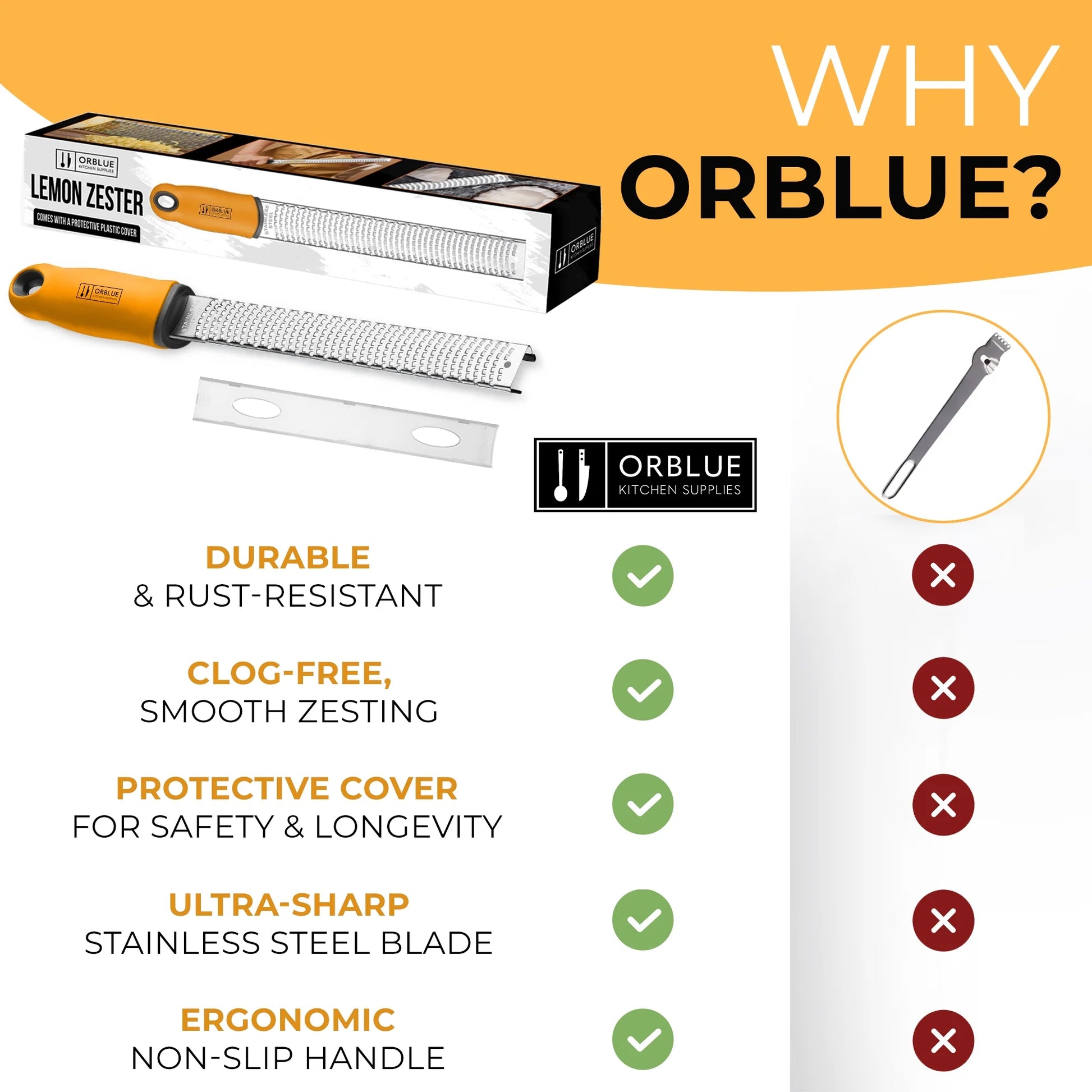 Lemon Zester & Cheese Grater - Premium Citrus Zester, Kitchen Grater for Parmesan, Chocolate, Fruits, Vegetables, Ginger, Garlic, Nutmeg - Stainless Steel Blades with Protective Cover, Orange