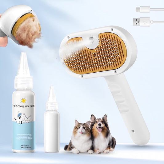 Professional Pet Steam Grooming Brush for Dogs and Cats - 3-in-1 Shedding and Hair Removal Tool with Self-Cleaning Spray Comb and Mist for Long-Haired Pets - Includes Waterless Shampoo