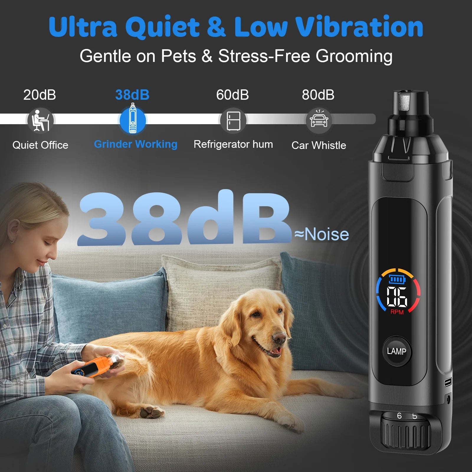 6-Speed Rechargeable Dog Nail Grinder with LED Lights - Quiet and Safe Nail Trimming Tool for Painless Grooming of Large, Medium, and Small Dogs