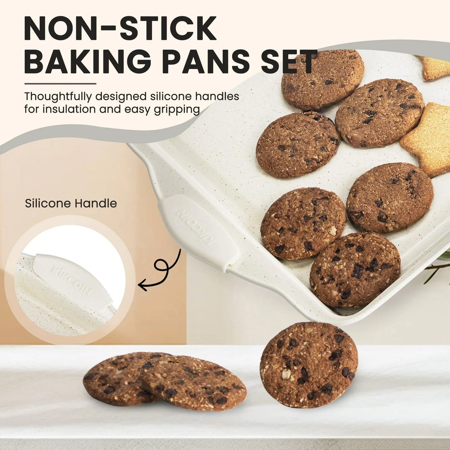 Bakeware Set, 21-Piece Baking Pans Set Kitchen Carbon Steel Baking Sheet Pans with Silicone Handles, Cookie Sheets Nonstick(Beige)