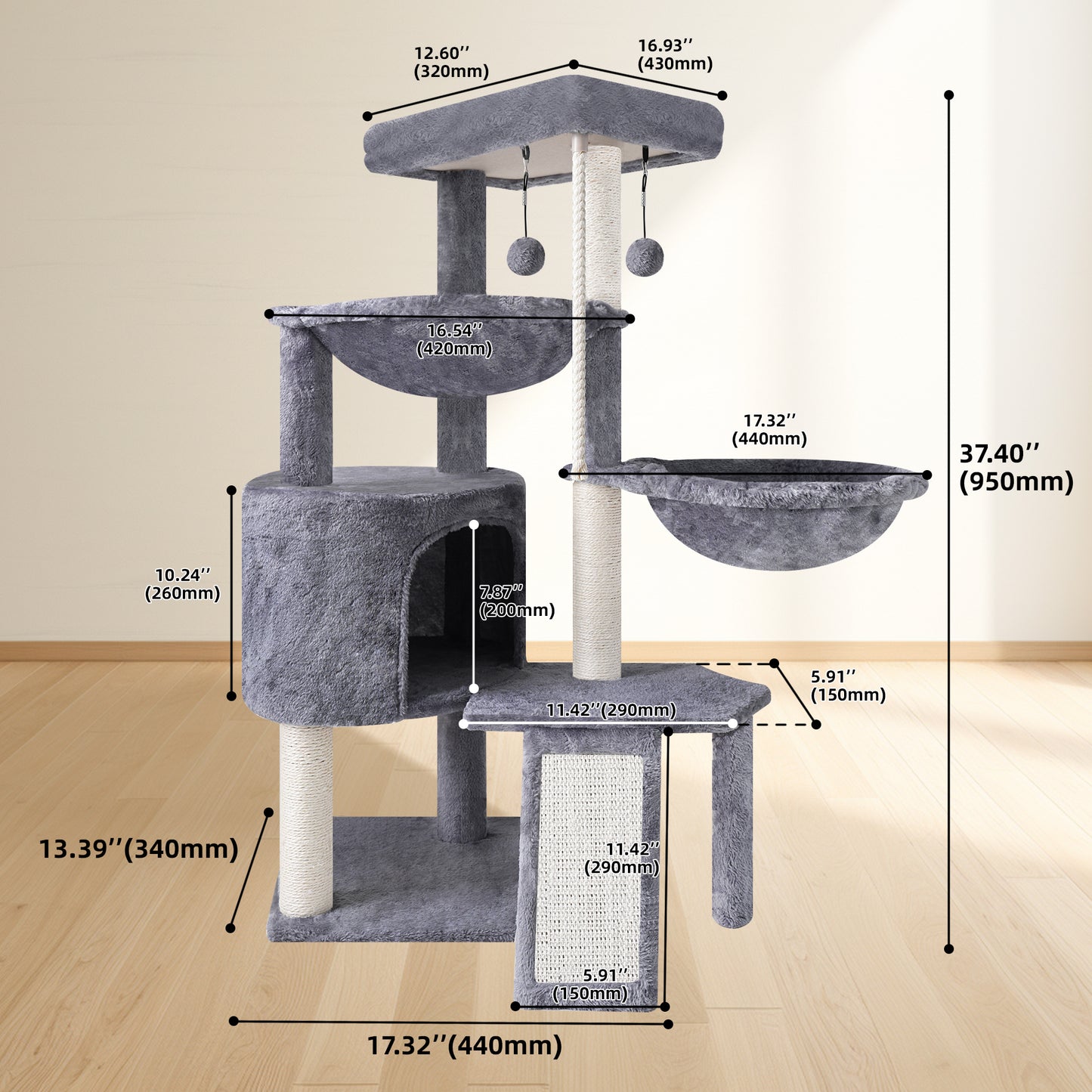 37.4-Inch Cat Tree Tower with Scratching Posts, Activity Center, Cat Condo, and Dual Hammocks in Grey