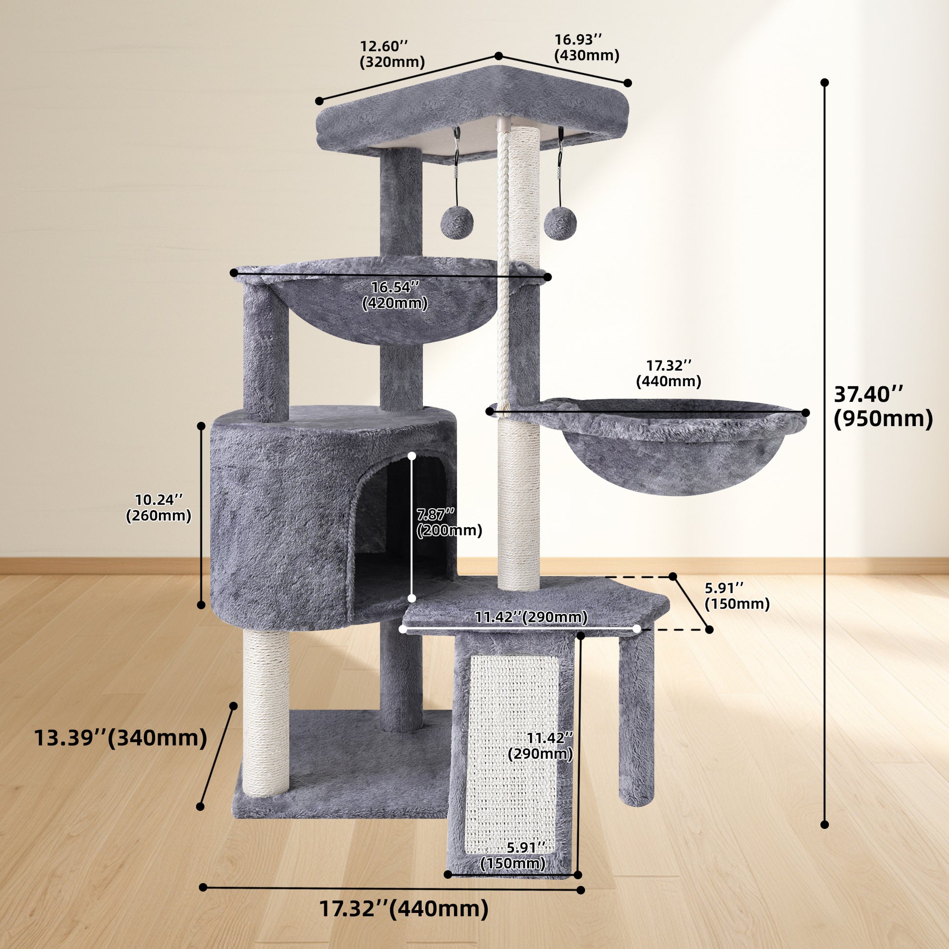 37.4-Inch Cat Tree Tower with Scratching Posts, Activity Center, Cat Condo, and Dual Hammocks in Grey
