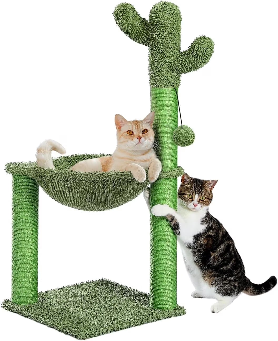 33-Inch Cactus Cat Scratching Post with Spacious Hammock for Indoor Cats - Green