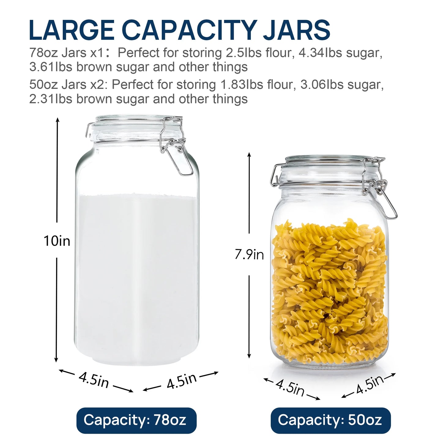 3 PCS Airtight Glass Jars with Lids, 3 PCS Food Storage Canister, Square Mason Jar Containers, 78Oz*1+50Oz*2