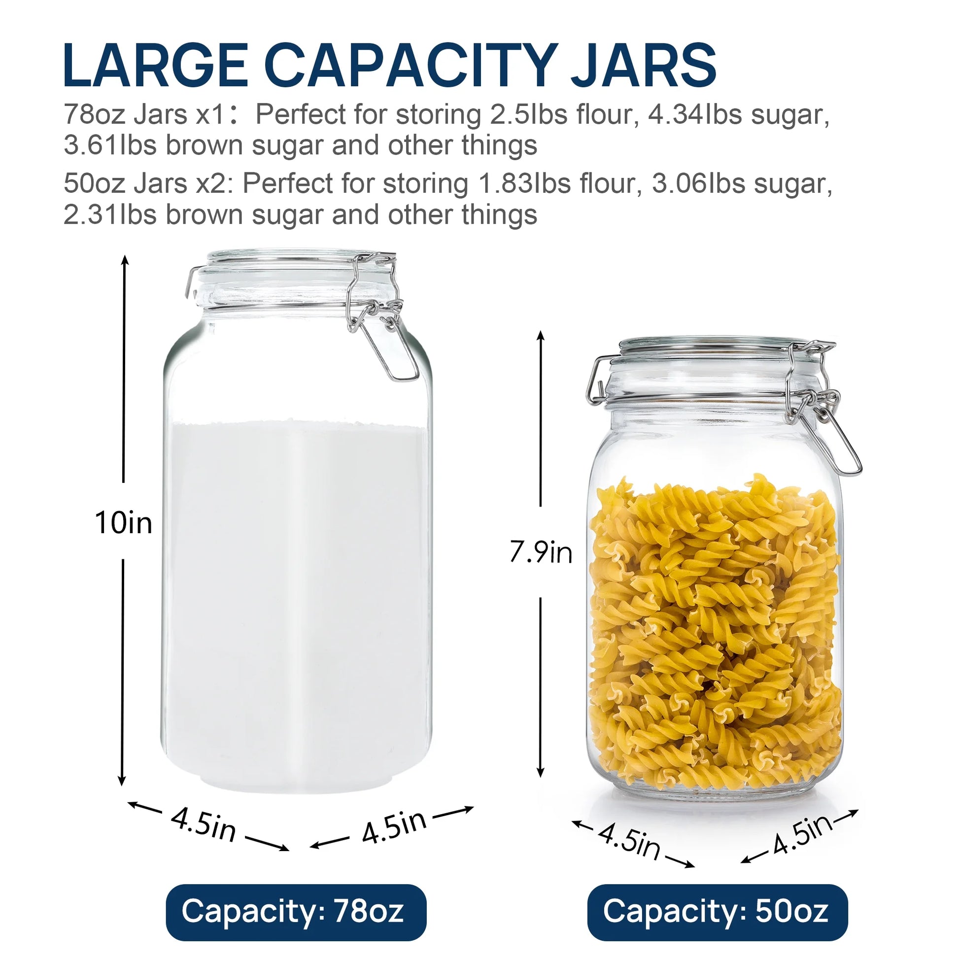 3 PCS Airtight Glass Jars with Lids, 3 PCS Food Storage Canister, Square Mason Jar Containers, 78Oz*1+50Oz*2