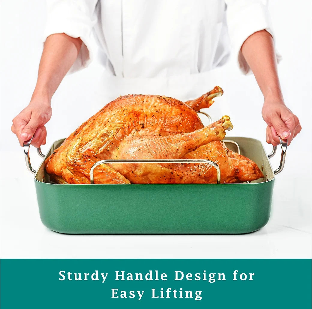Size 18.8" Aluminum Non Stick Roaster with Stainless Steel Rack, Green