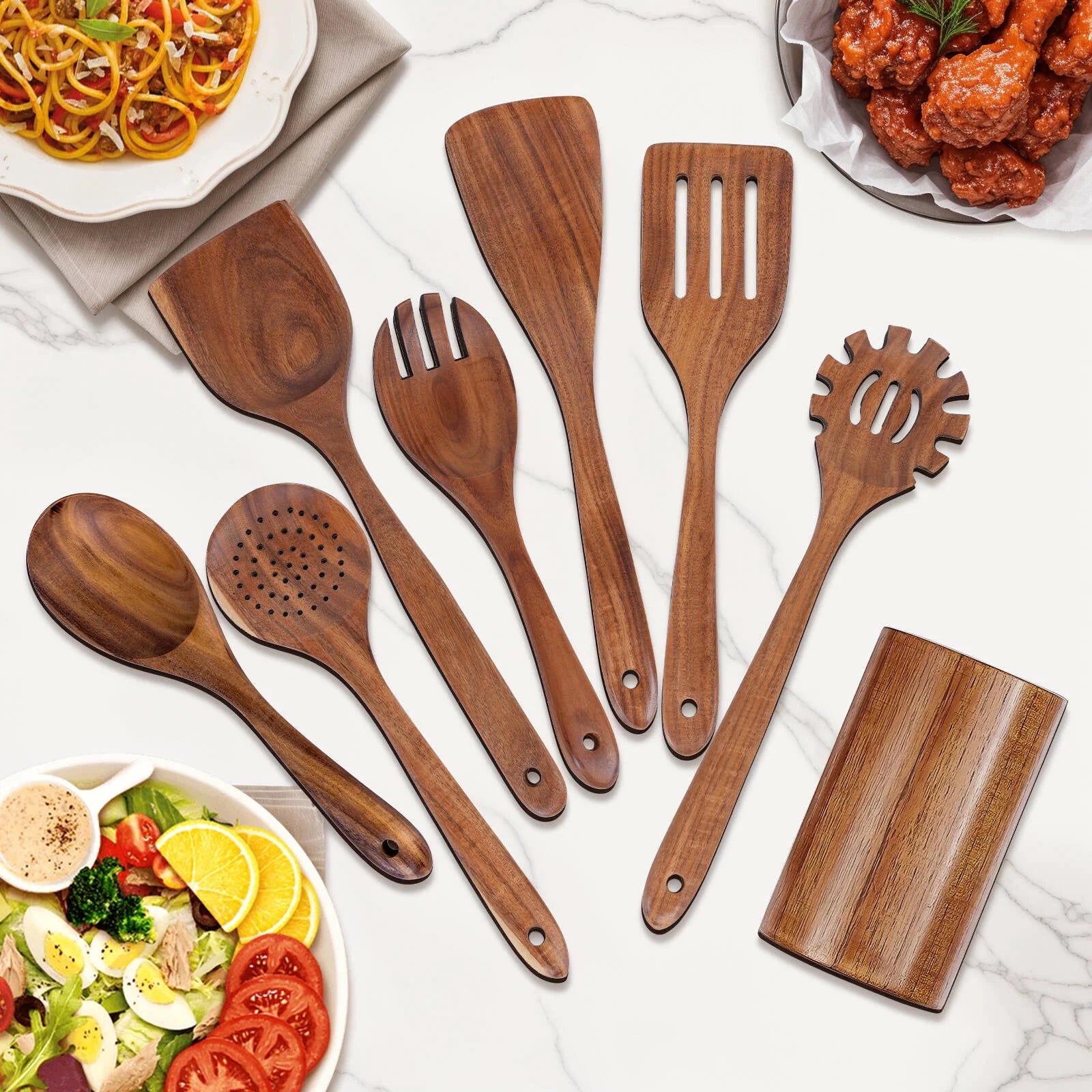 Thickened Wooden Spoons for Cooking, 8 Pcs Natural Wooden Utensil for Cooking with Non-Stick Heat Resistant, Wood Kitchen Utensil Set