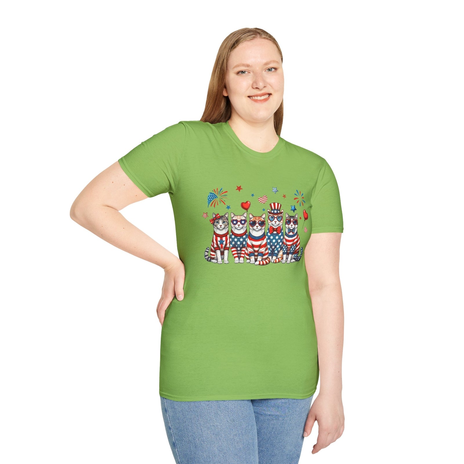 Patriotic Cat Unisex Softstyle T-Shirt for Fourth of July Celebrations