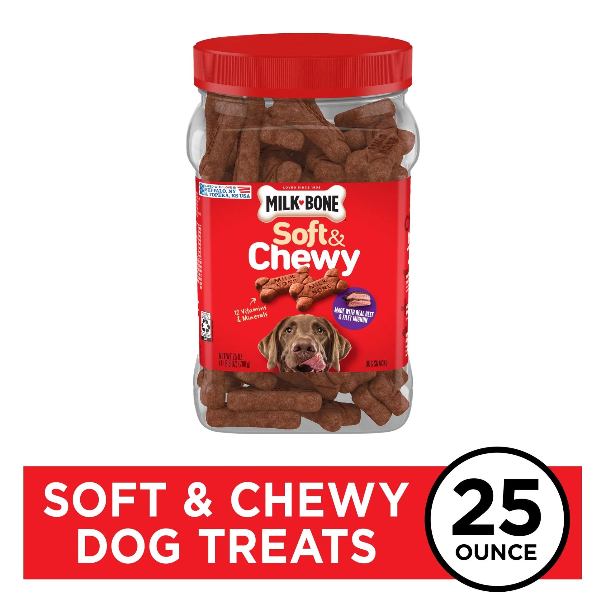 Milk Bone Soft and Chewy Dog Treats, Beef and Filet Mignon Recipe with Chuck Roast, 25 oz Container