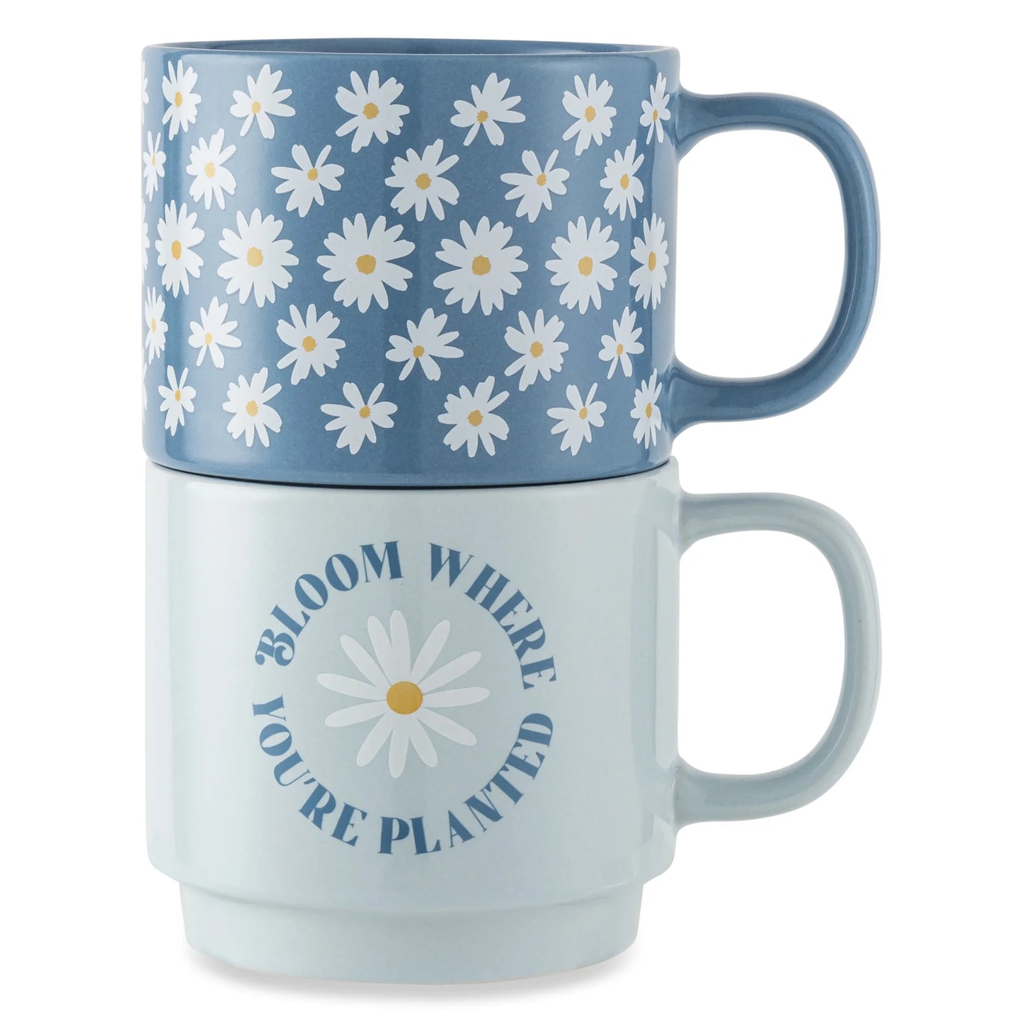 Set of 2 Stacking Stoneware Mugs - Daisy Bloom and Where Planted Designs, 14.2 Fl Oz