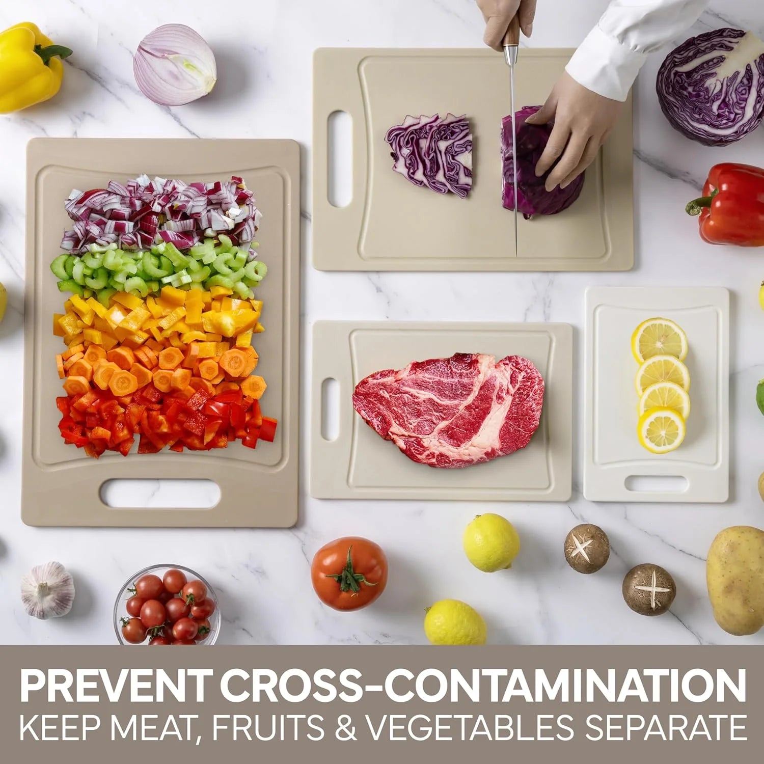 Non-Slip Cutting Board Set – Kitchen Essentials with Easy Grip Handle for Meat, Veggies, and Fruits, 4 Cutting Boards, Brown